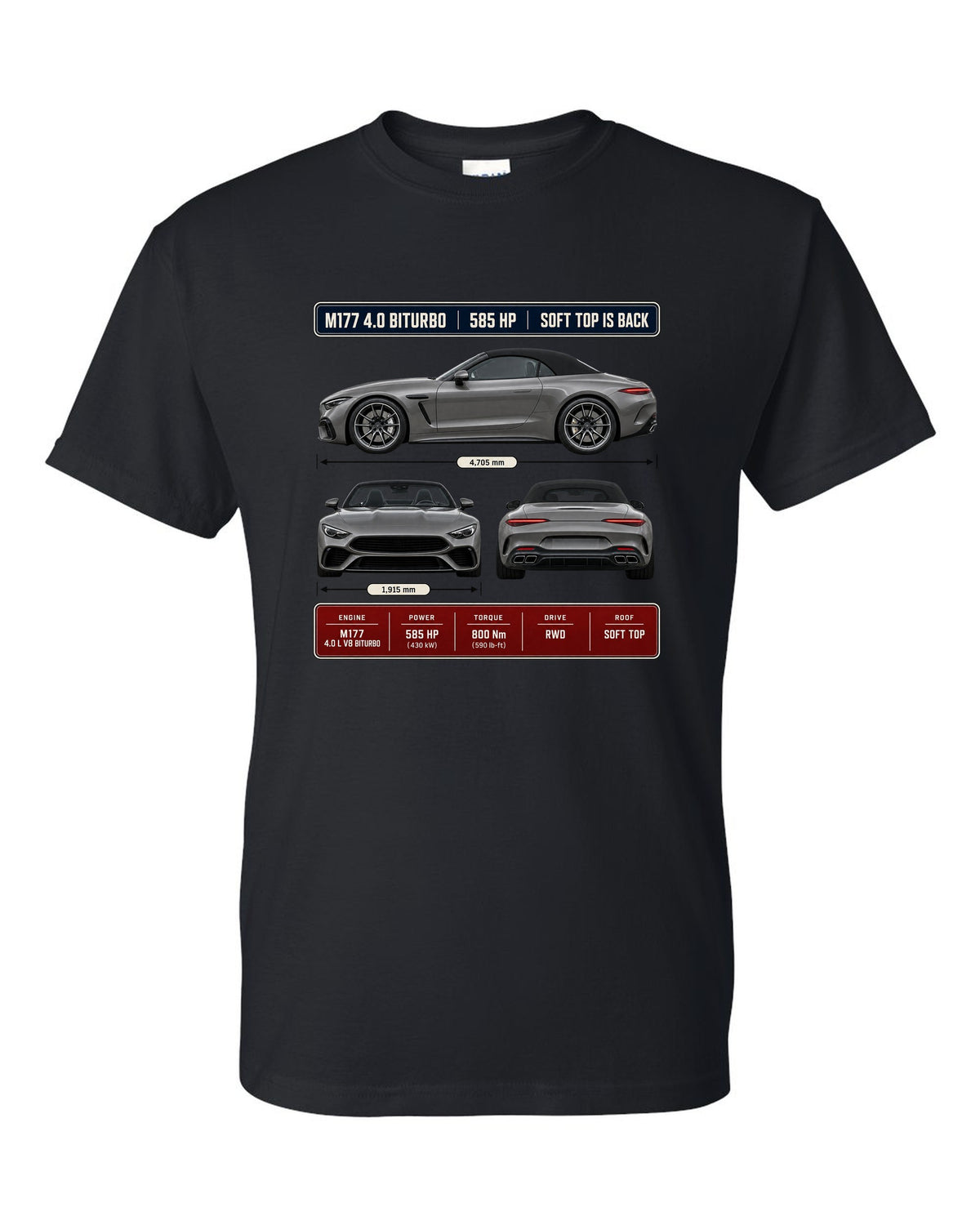 Mercedes-AMG SL63 R232 Three-View Spec black t-shirt front view with the design