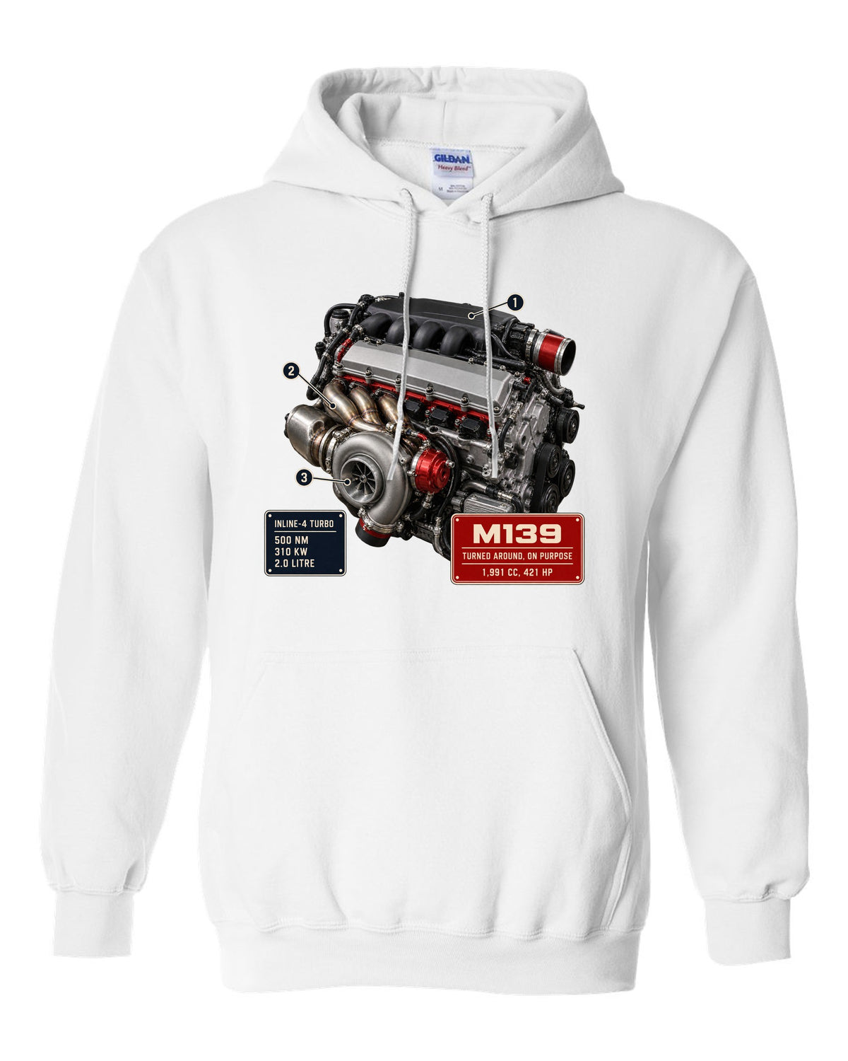 Mercedes-AMG M139 2.0 litre turbo four engine hero print white pull over hoodie front view with the design