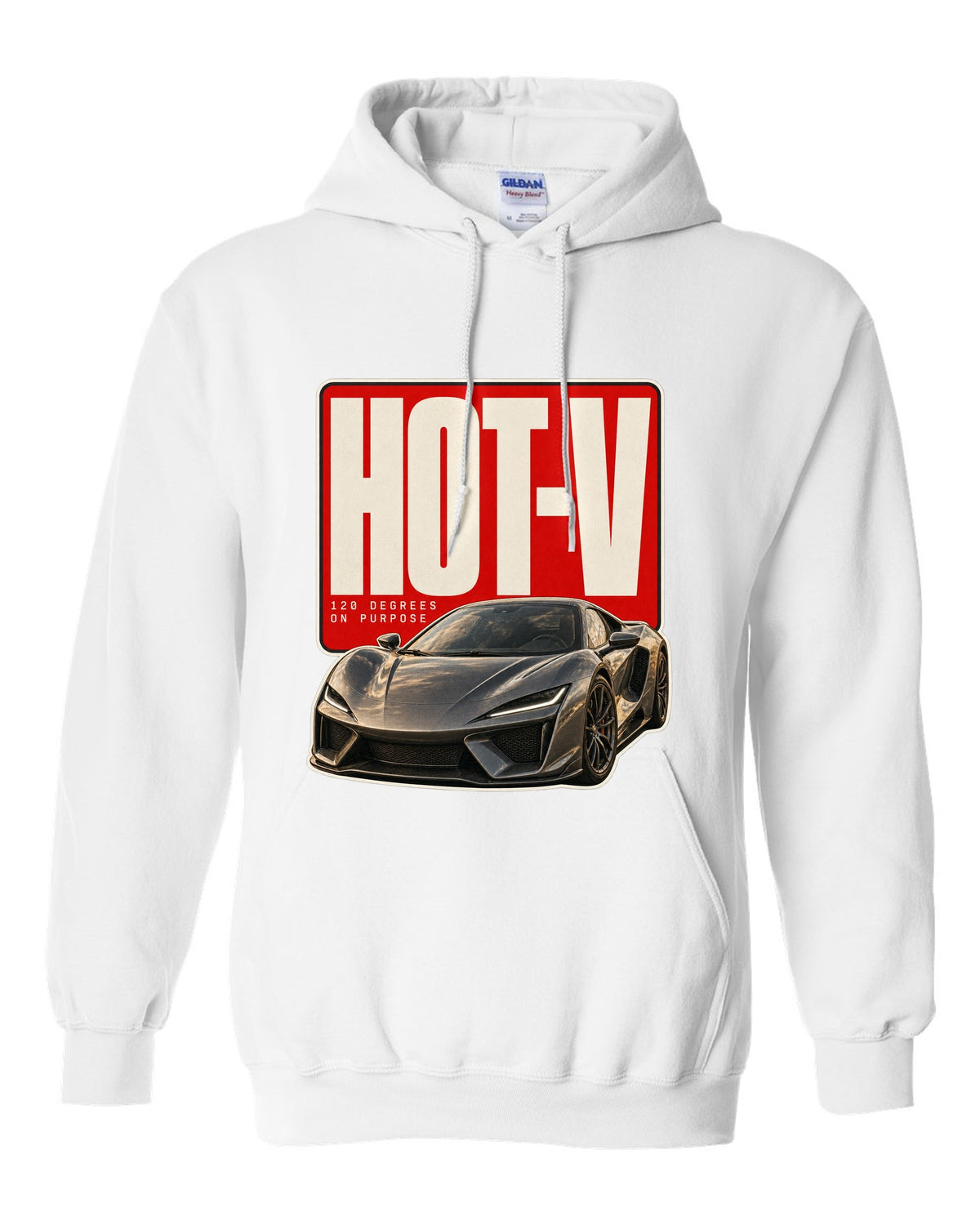 Editorial headline print of a McLaren Artura with hot-V 120 degree text white pull over hoodie front view with the design