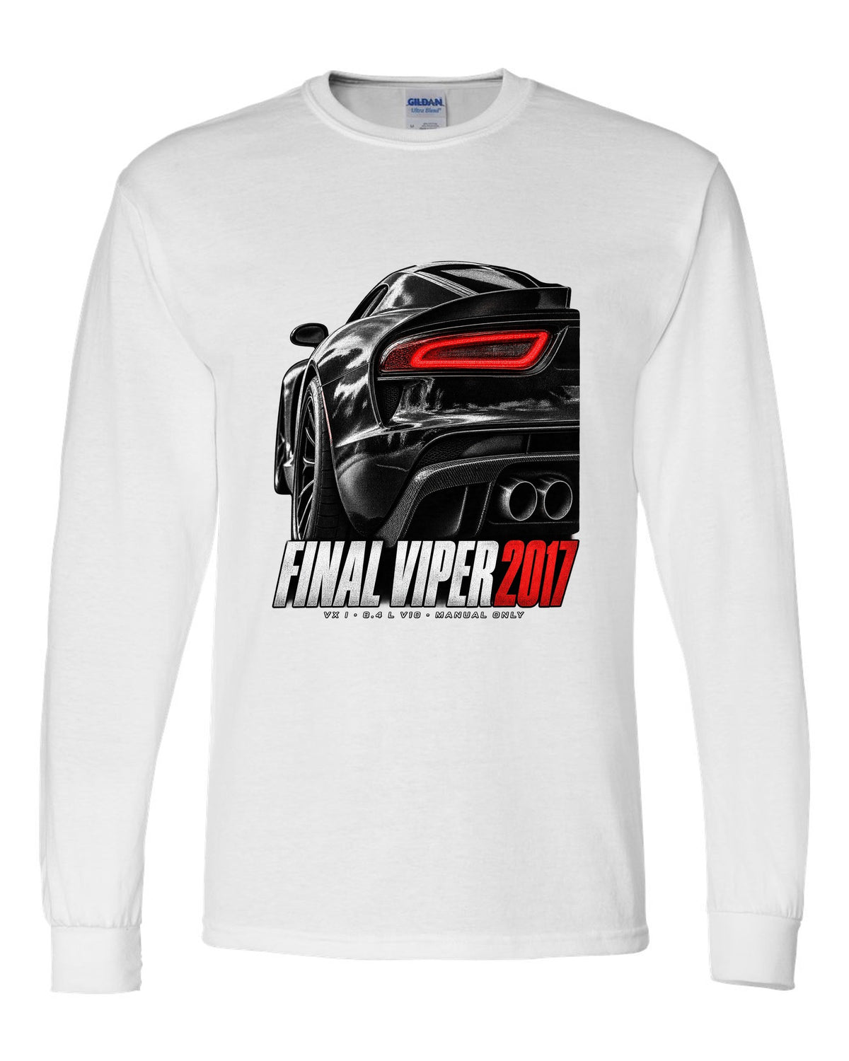 2014 Dodge Viper SRT VX I rear taillight macro print with Final Viper 2017 lettering white long sleeve front view with the design