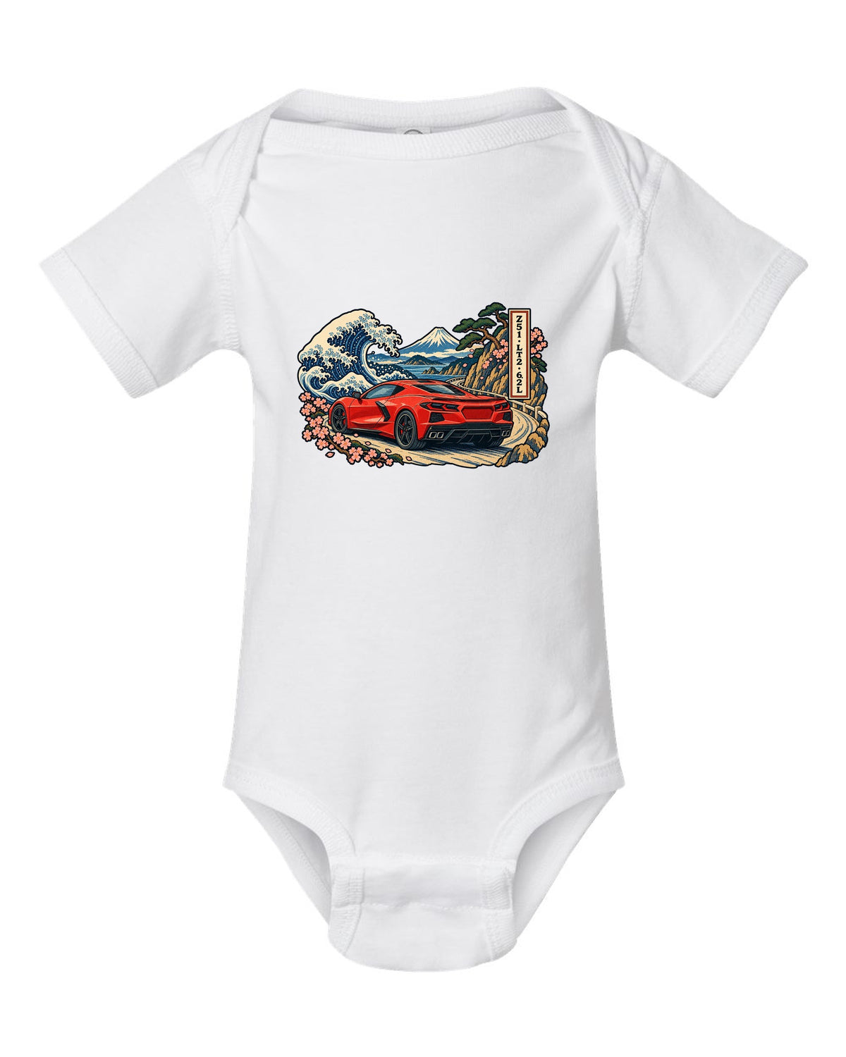 Ukiyo-e woodblock style print of a 2020 C8 Corvette Stingray on a mountain pass white baby onesie front view with the design