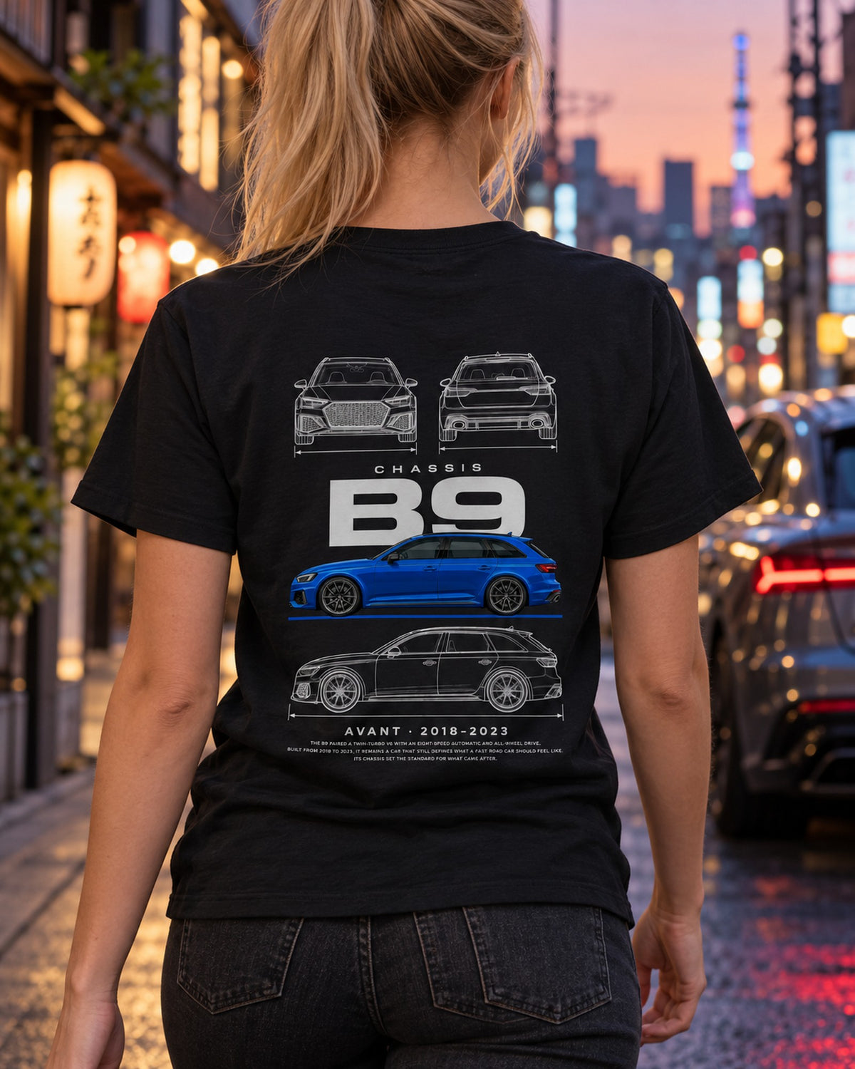 Audi B9 RS4 Avant wagon Blueprint Full-Back Graphic Tee, B9 Chassis Code T-Shirt Black worn hero