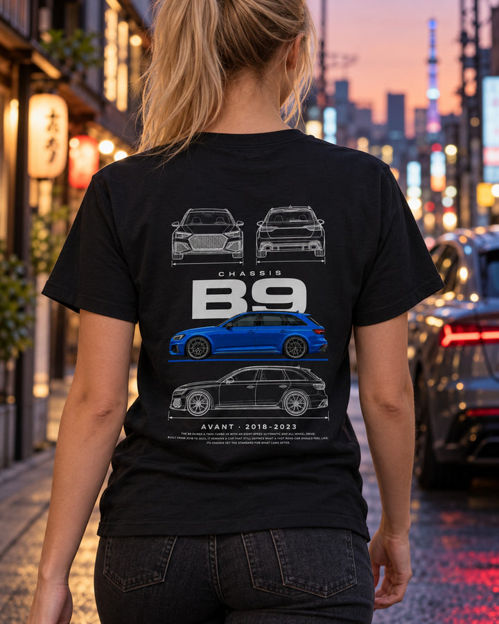 Audi B9 RS4 Avant wagon Blueprint Full-Back Graphic Tee, B9 Chassis Code T-Shirt Black worn hero