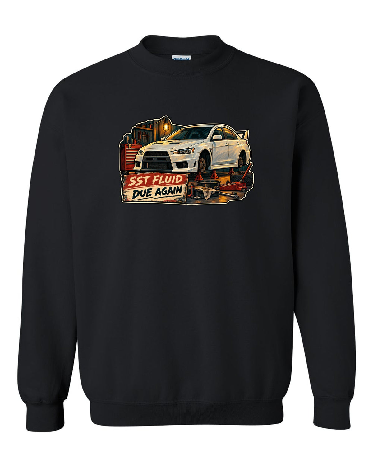 Gouache garage illustration print of the Mitsubishi Evo X CZ4A with SST fluid due again text black crewneck front view with the design