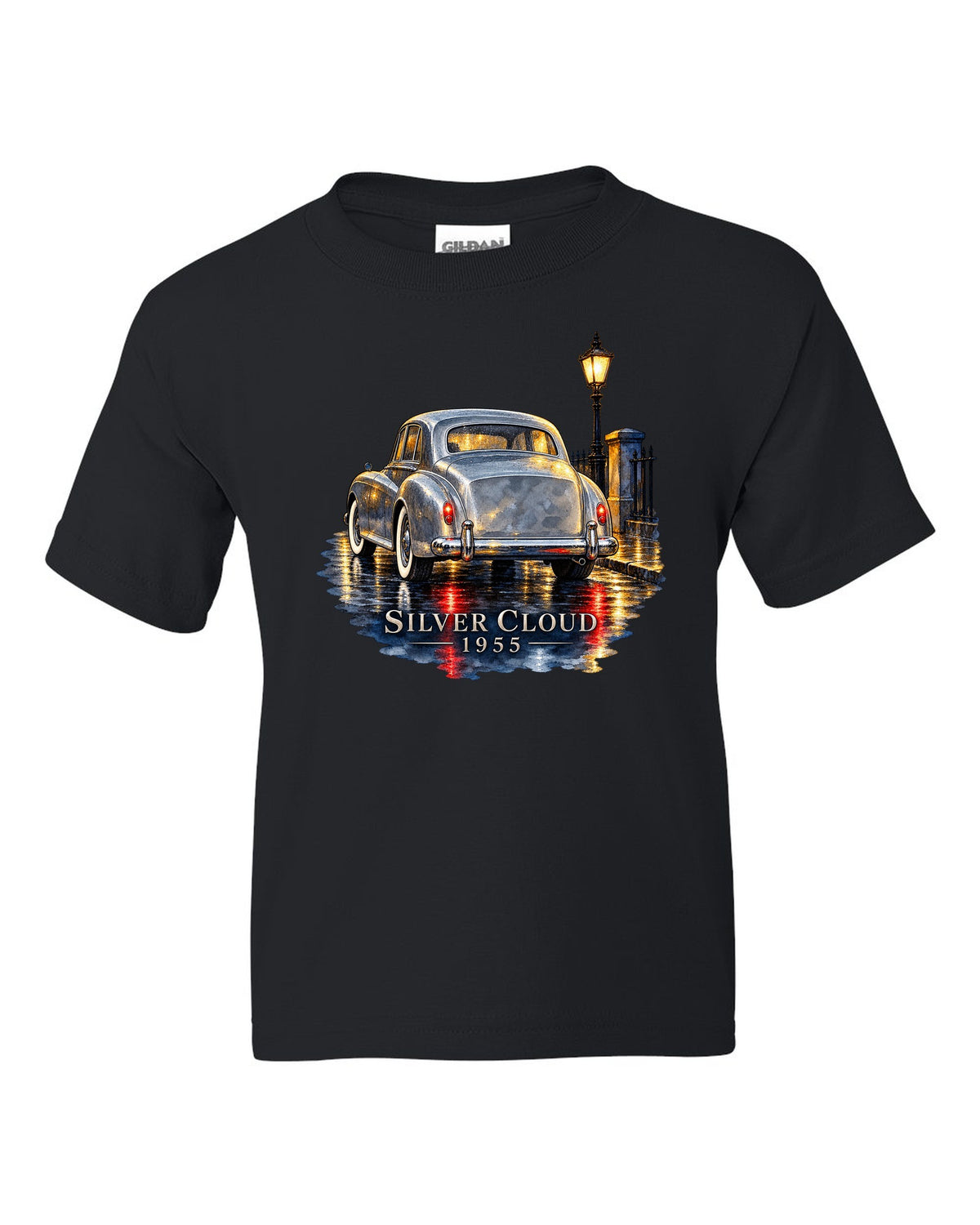 Watercolour painting of a 1955 Rolls-Royce Silver Cloud on a rainy night road with SILVER CLOUD lettering black kids tee front view with the design