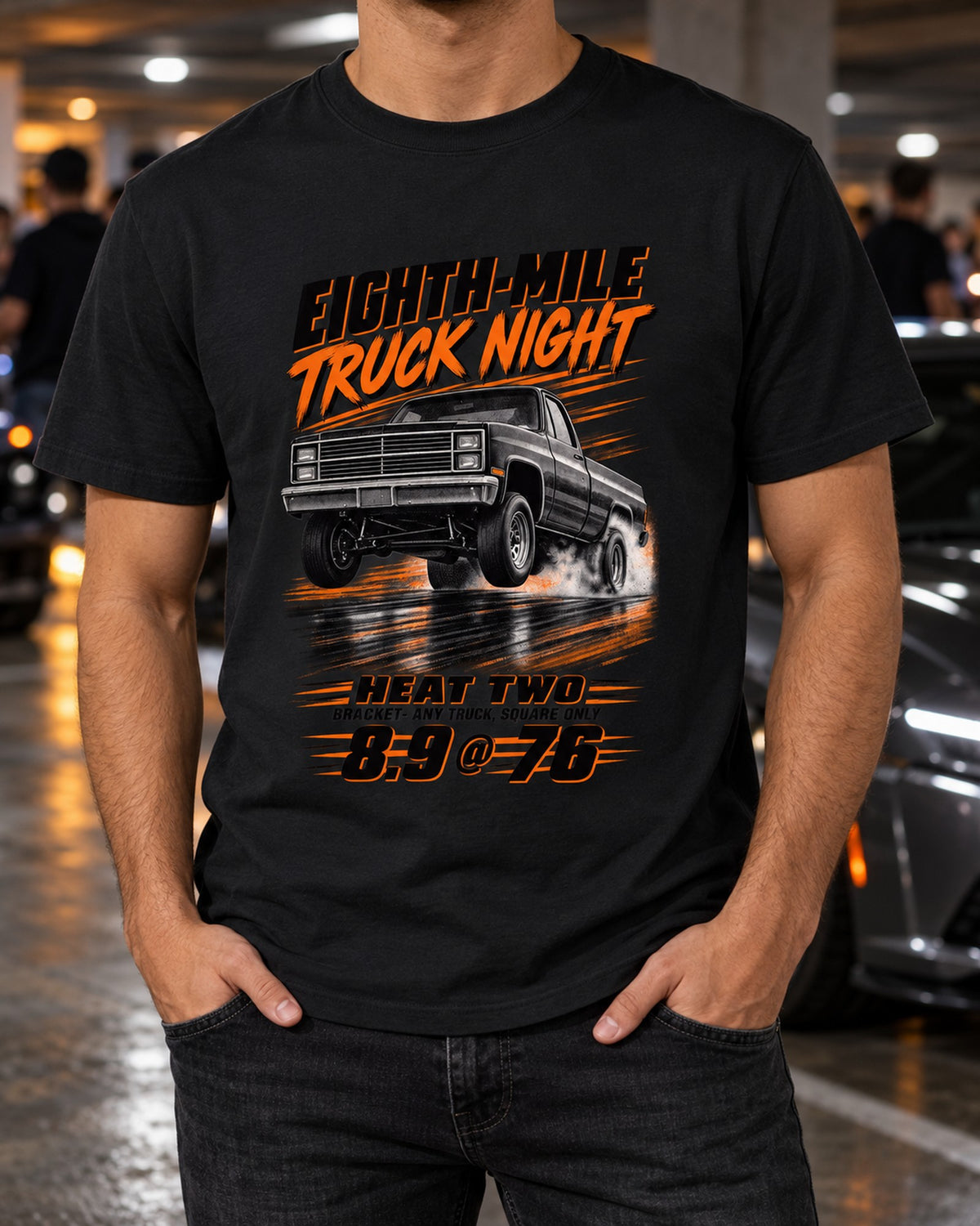 Squarebody C10 Eighth-Mile Race Poster Tee, Truck Night T-Shirt Black worn hero