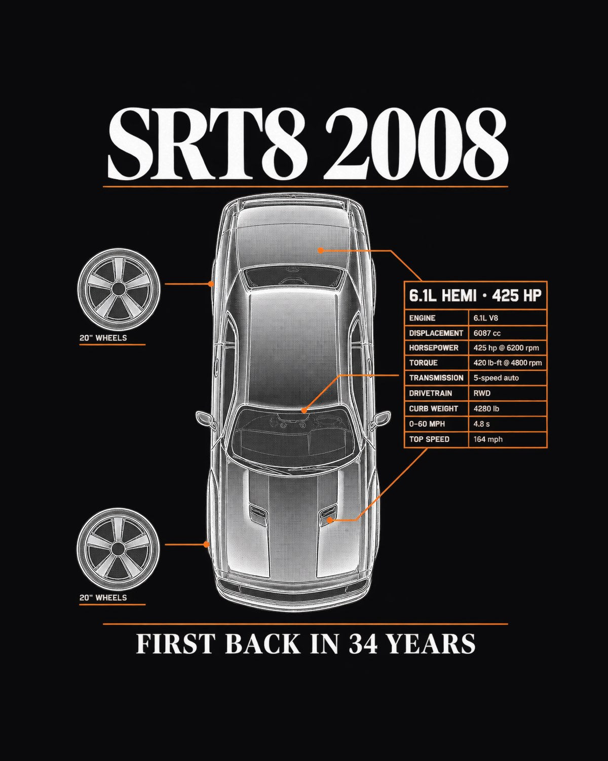 2008 Challenger SRT8 6.1 Hemi Spec Poster Tee, 425 HP design only
