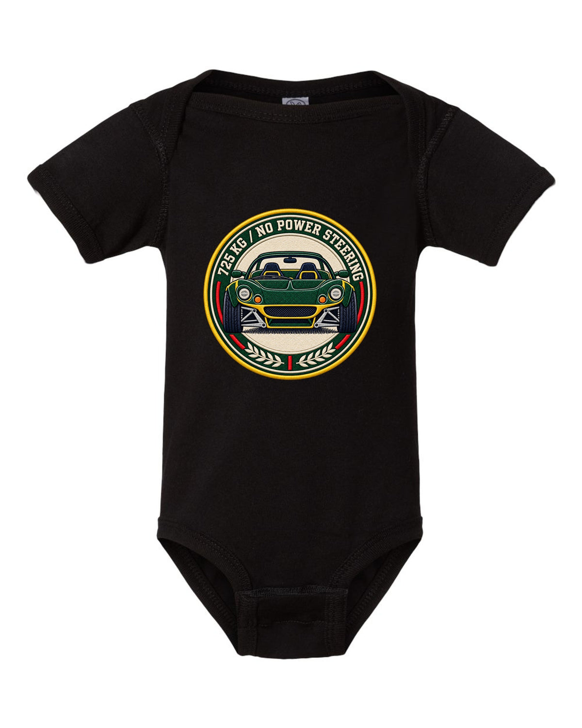 Lotus Elise S1 varsity crest design with 725 KG and no power steering lettering black baby onesie front view with the design