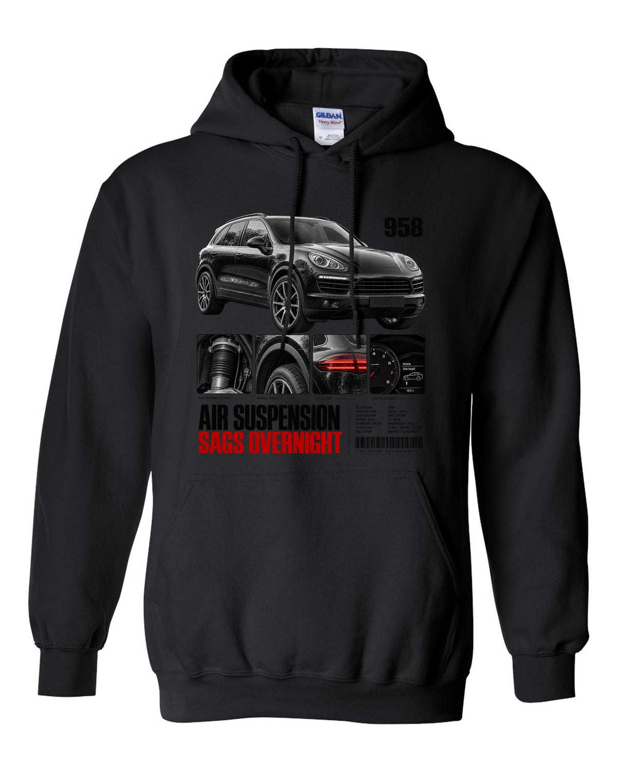 Dossier panel print of a Porsche Cayenne 958 with air suspension sags overnight caption black pull over hoodie front view with the design