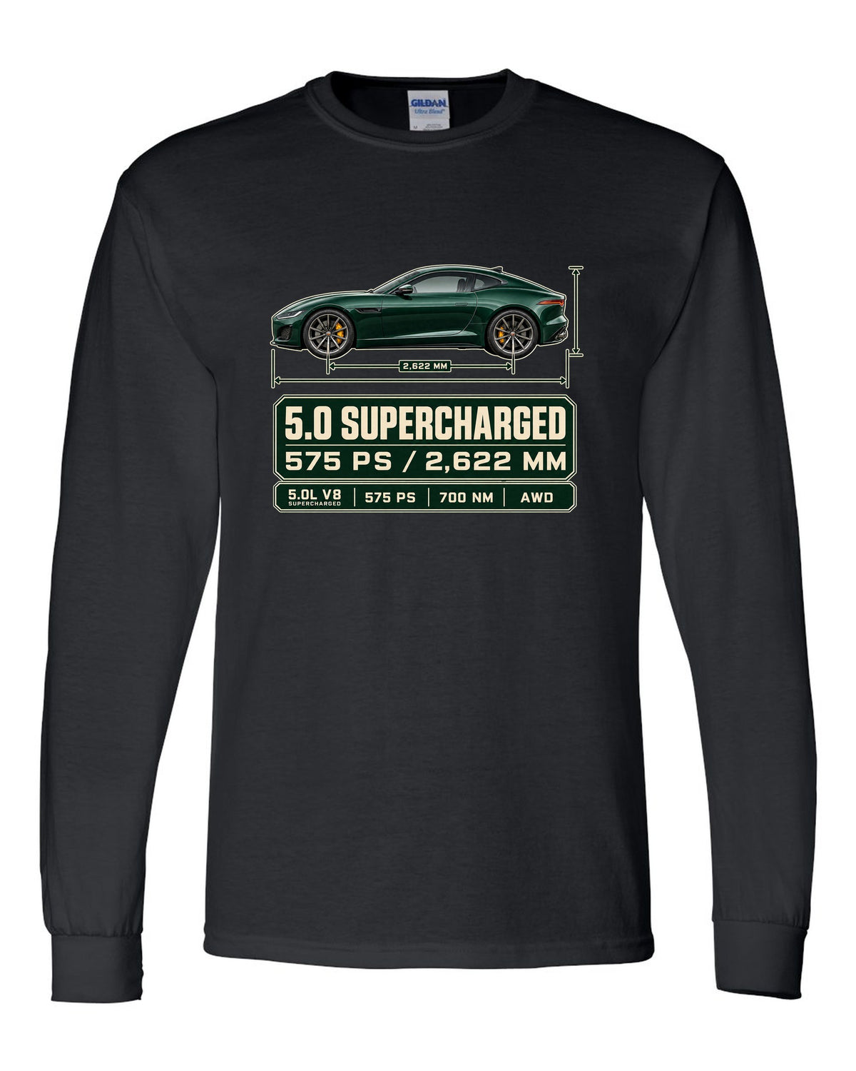 Spec poster print of the Jaguar F-Type R Coupe with 5.0 supercharged and 575 PS text black long sleeve front view with the design
