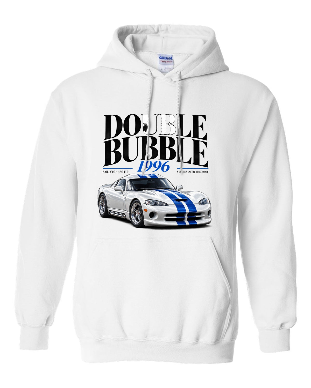 Editorial headline print of a 1996 Dodge Viper GTS SR II with double bubble and 8.0L V10 text white pull over hoodie front view with the design
