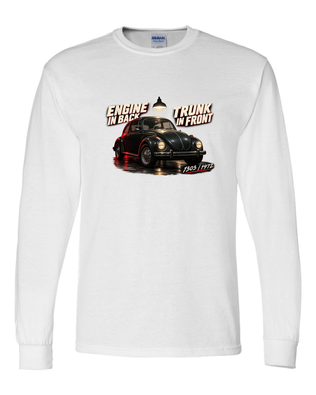 Garage night print of a VW Beetle 1303 front three-quarter with engine in back trunk in front text white long sleeve front view with the design