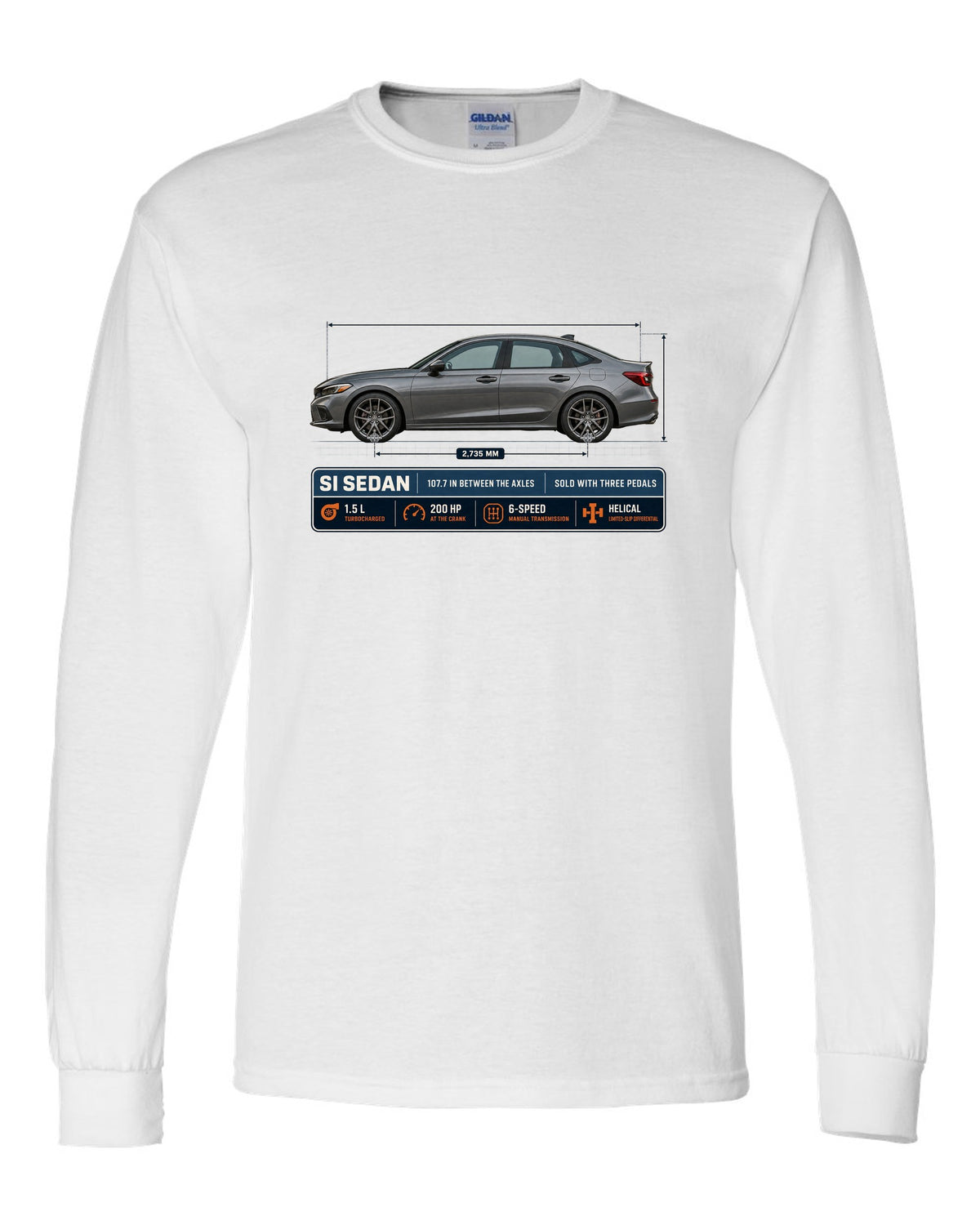 Civic Si FE1 Sedan Dimension Blueprint white long sleeve front view with the design