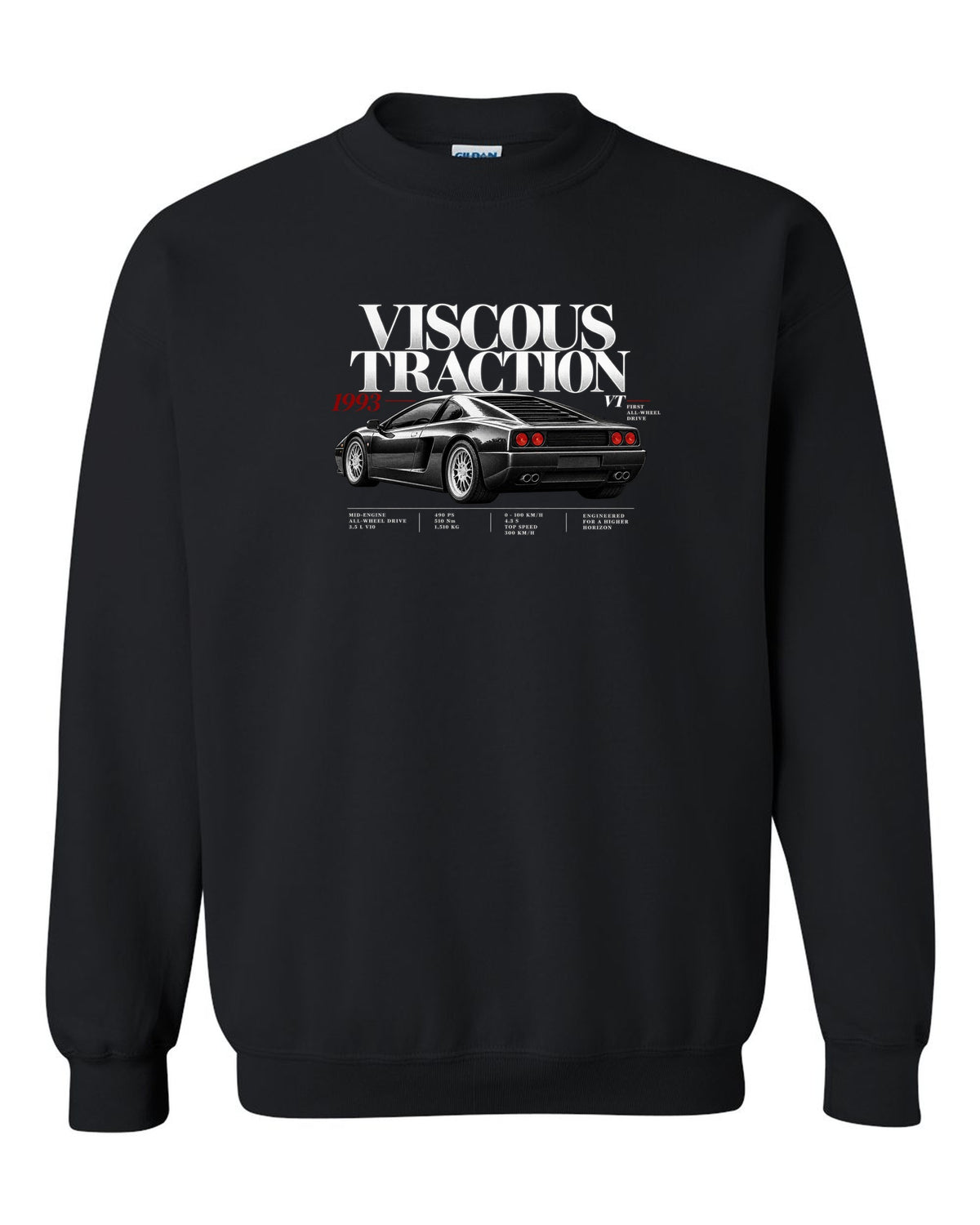 Editorial print of a Lamborghini Diablo VT with viscous traction and first all-wheel drive text black crewneck front view with the design