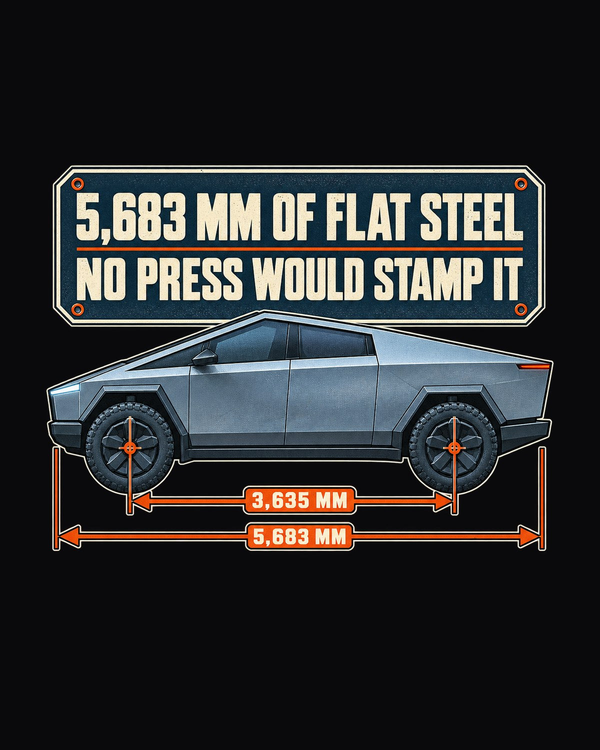 Tesla Cybertruck Dimension Blueprint Shirt, Flat Steel Print design only