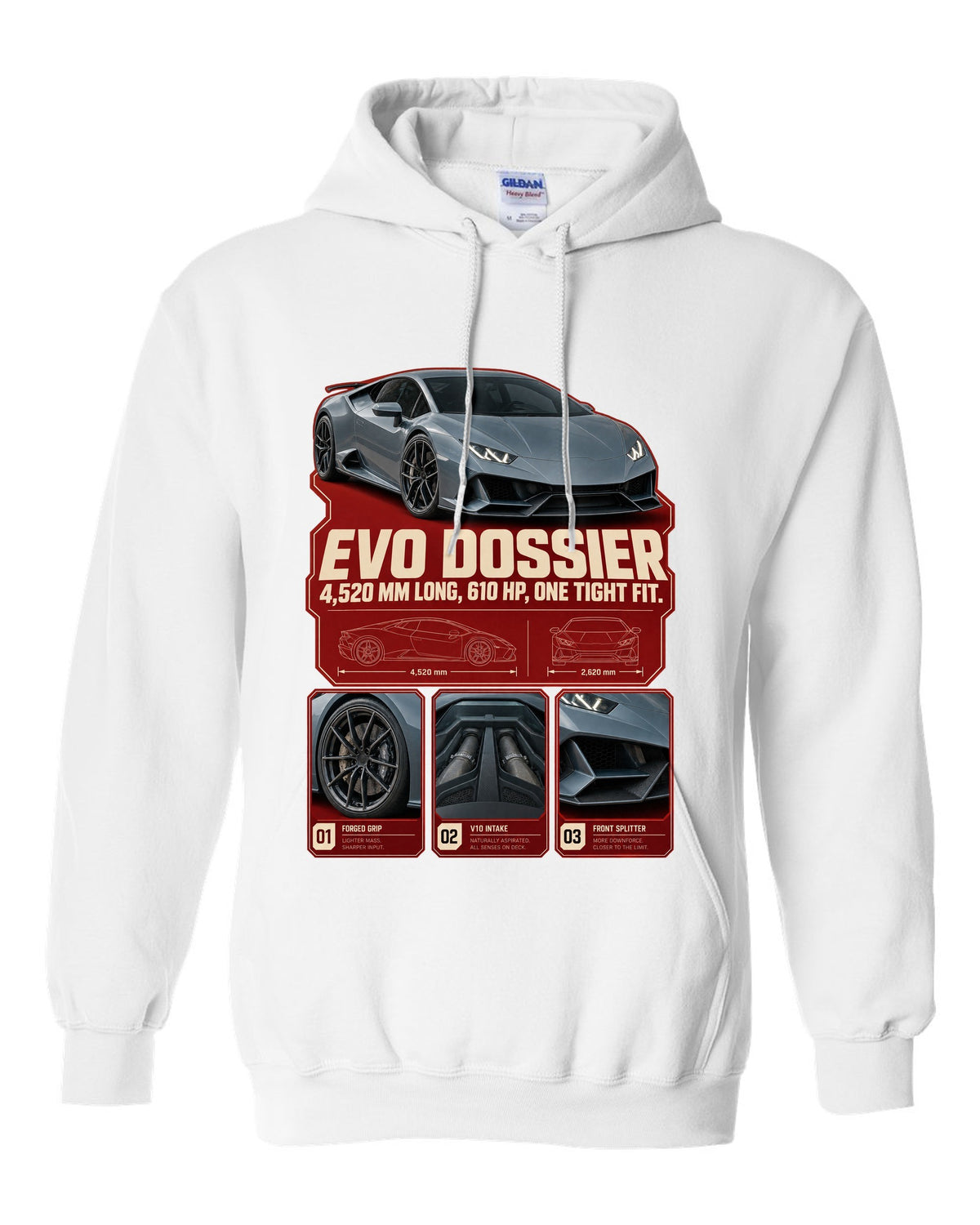 Dossier panel print of the Lamborghini Huracan EVO white pull over hoodie front view with the design