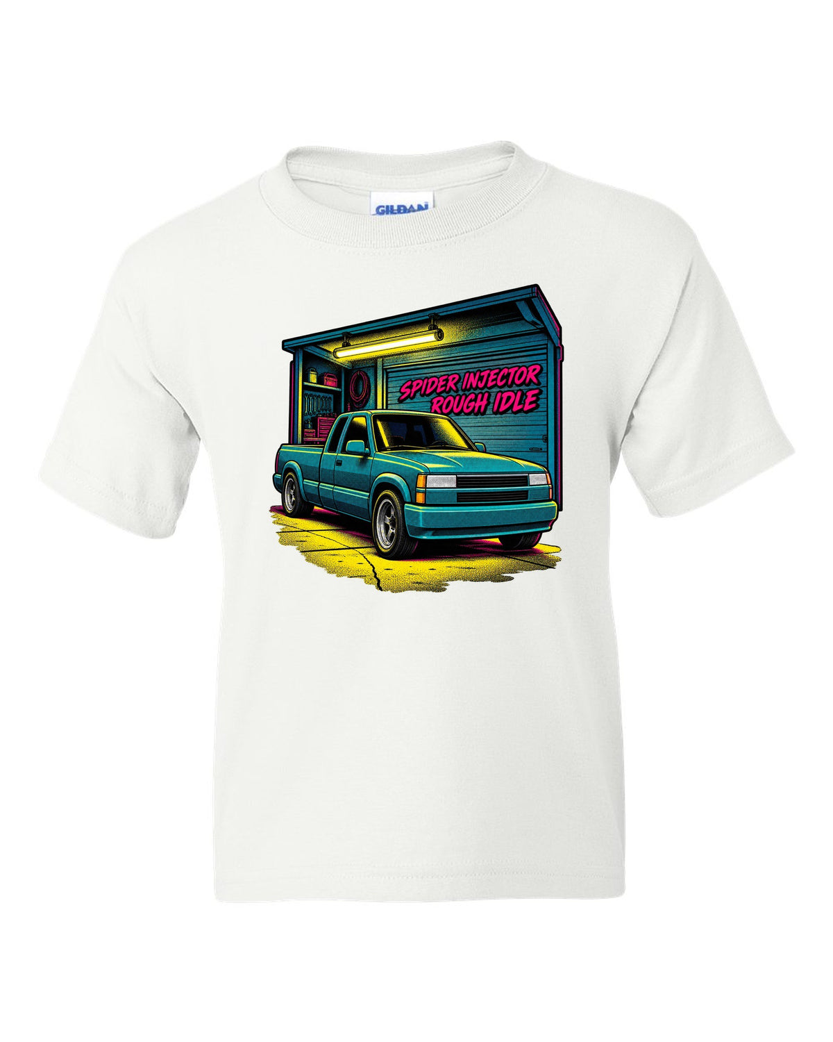 Comic halftone pop-art print of a 1988-98 Chevrolet GMT400 C1500 OBS extended cab with spider injector rough idle lettering white kids tee front view with the design