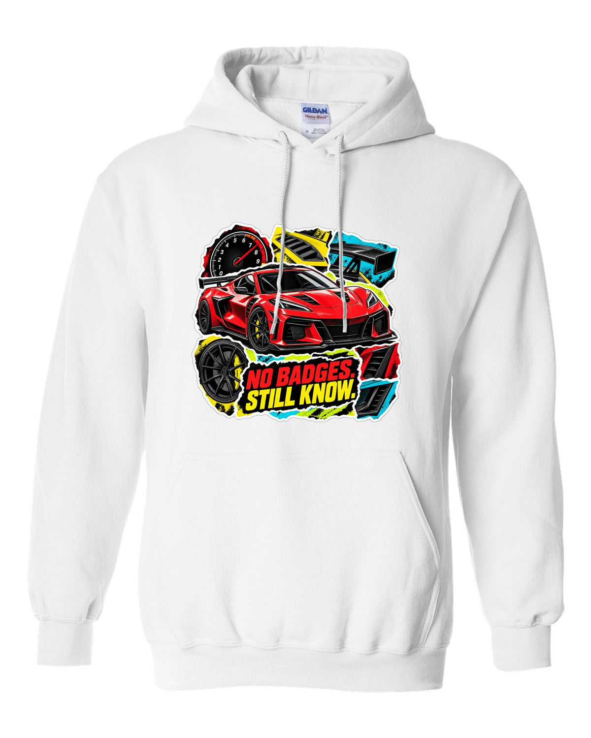 Sticker-bomb collage print of a 2025 Chevrolet Corvette C8 ZR1 with fender vents and rear wing white pull over hoodie front view with the design