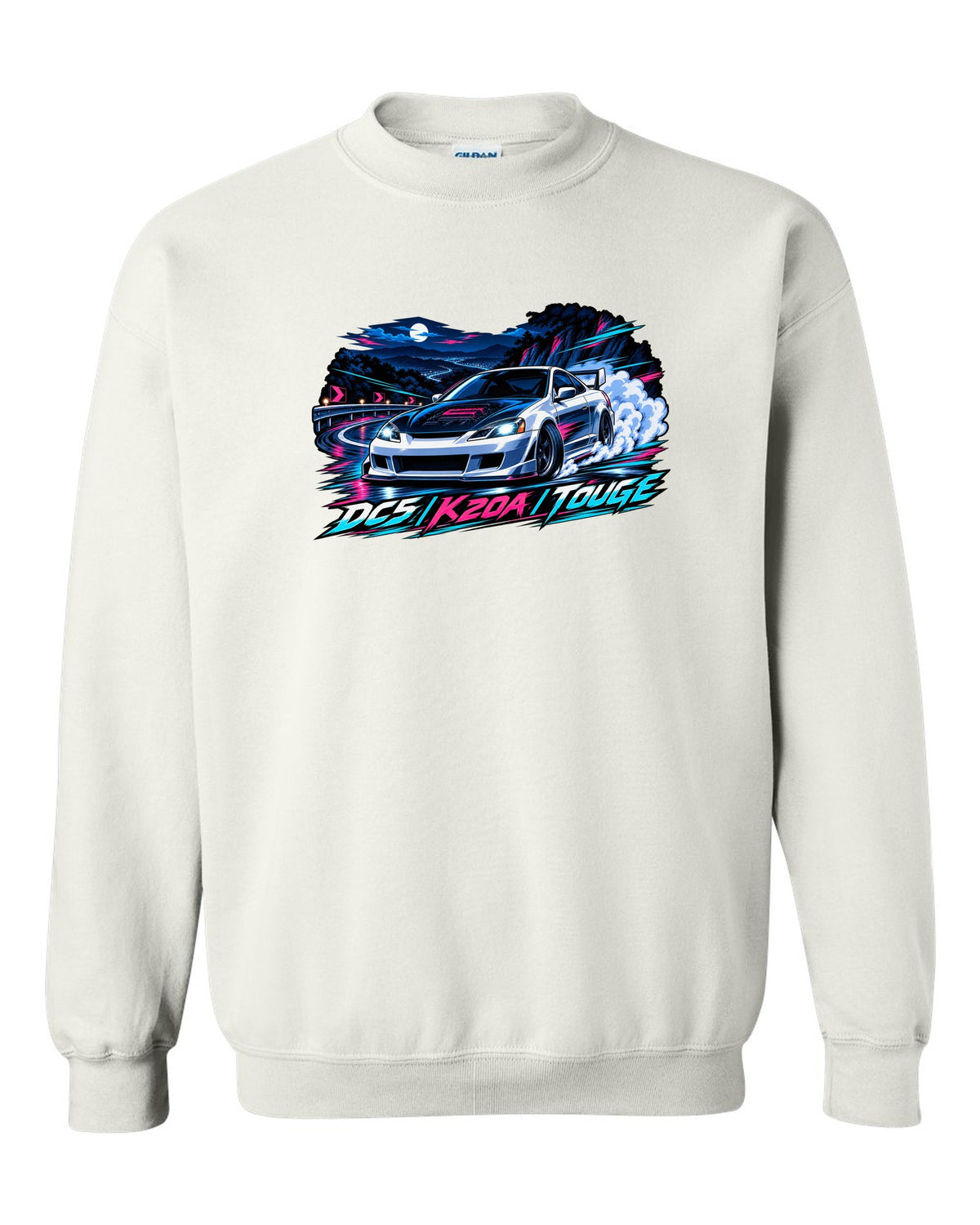 Crest layout print for the Honda Integra Type R DC5 with 6MT only text white crewneck front view with the design