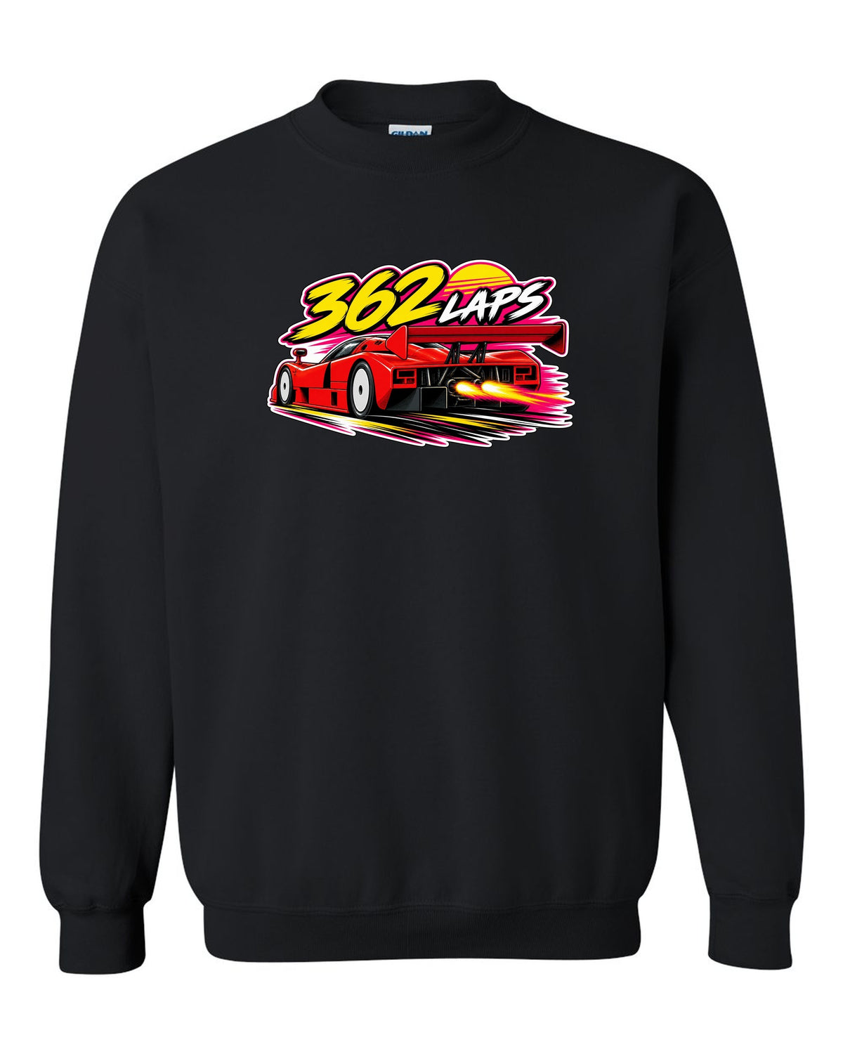 Retro 90s racing sticker-bomb collage for the Mazda 787B with 362 LAPS lettering black crewneck front view with the design