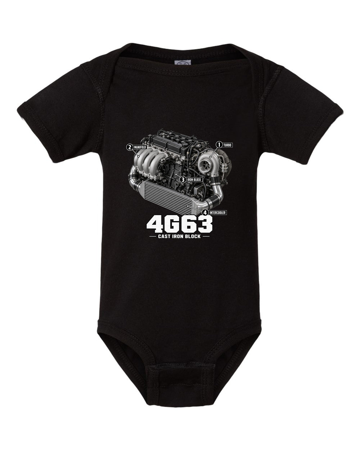 Engine diagram print for the Mitsubishi Lancer Evolution VI CP9A showing a 4G63 with turbo, manifold, iron block and intercooler callouts black baby onesie front view with the design