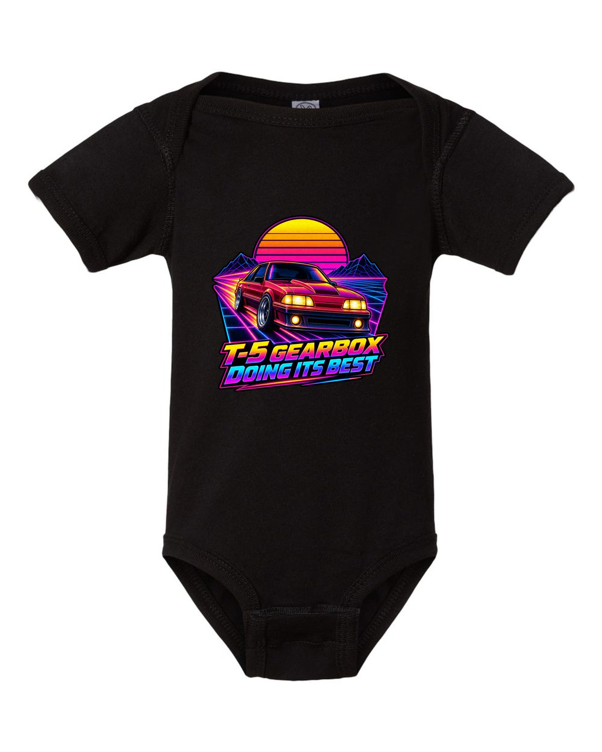 Synthwave sunset grid print of a Ford Mustang Fox Body GT with T-5 gearbox text black baby onesie front view with the design