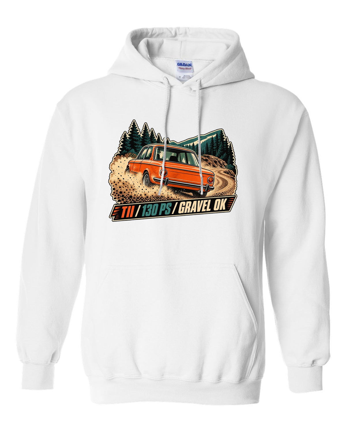 BMW 2002 tii vintage hillclimb race poster print with 130 PS text white pull over hoodie front view with the design