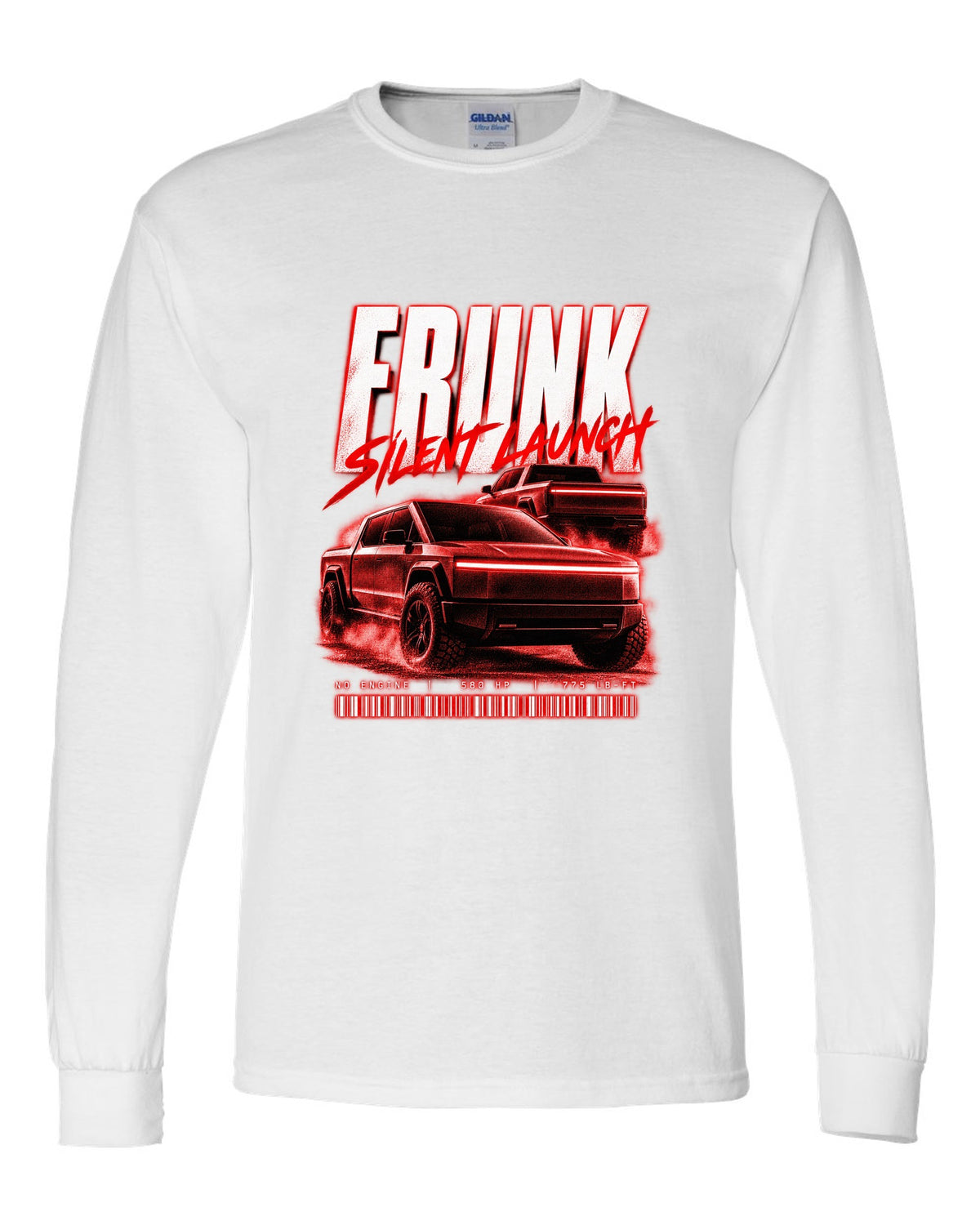 Ford F-150 Lightning EV street poster print with frunk, silent launch and 775 lb-ft white long sleeve front view with the design
