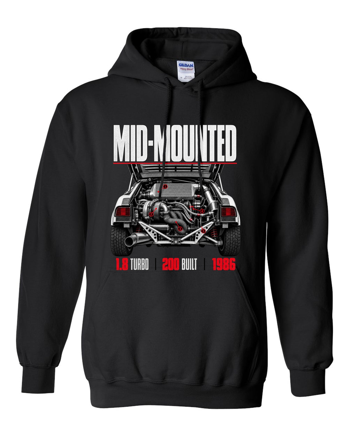 Ford RS200 Group B engine close-up print with mid-mounted turbo text black pull over hoodie front view with the design