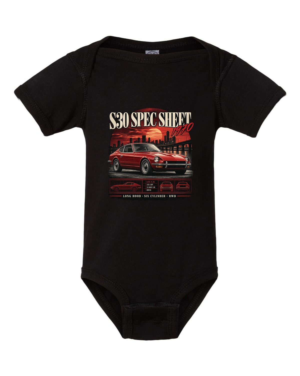 Archive panel spec sheet print of a Datsun 240Z S30 with L24 2.4L 151 HP text black baby onesie front view with the design