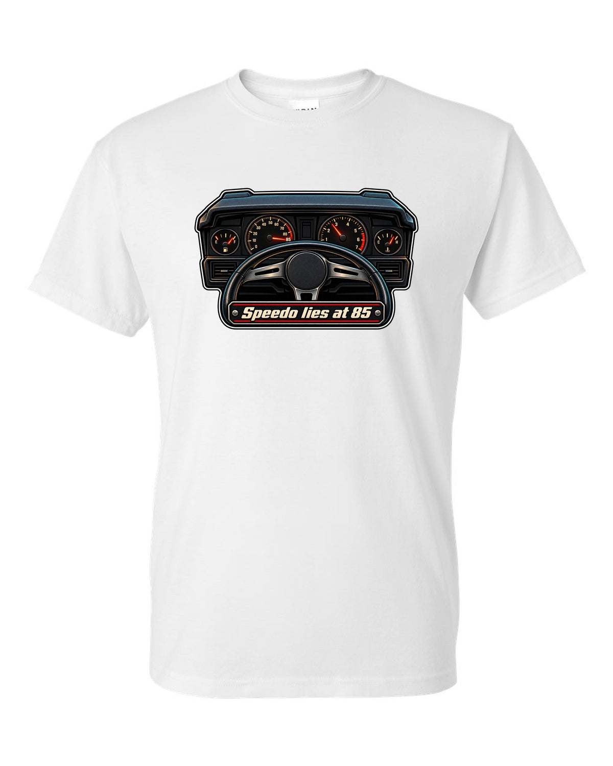 Gauge-cluster HUD print for a Ford Mustang Fox Body GT with speedo text white t-shirt front view with the design