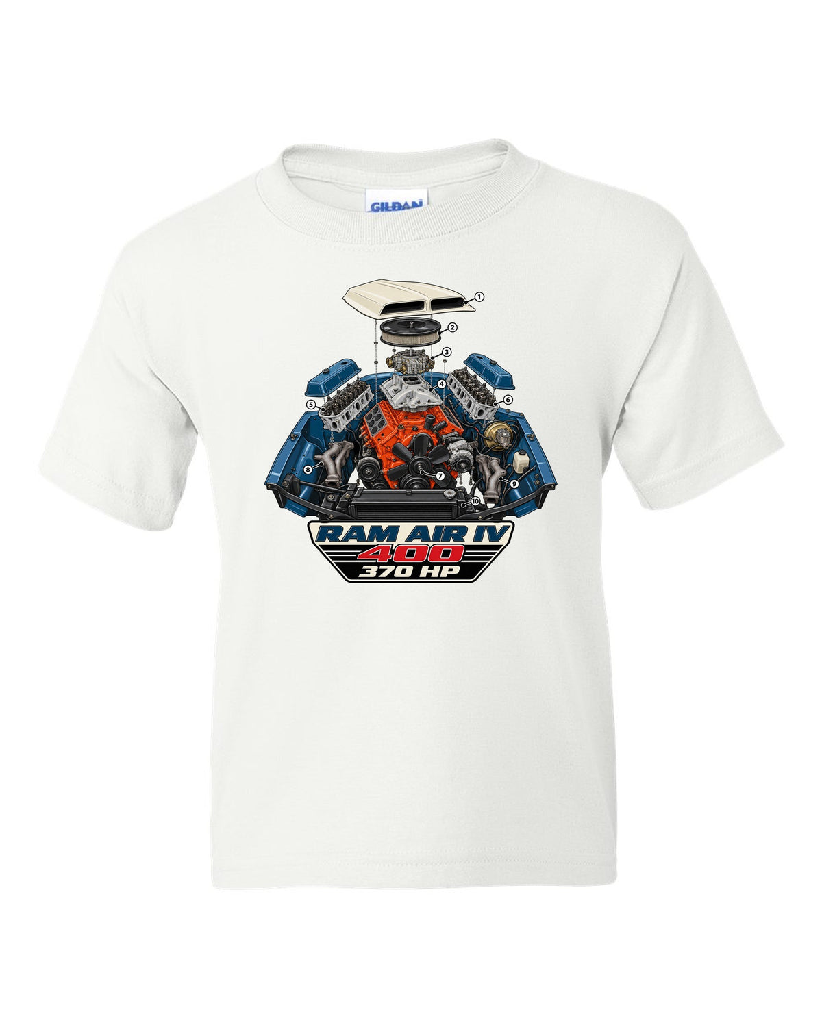 1969 Pontiac GTO Ram Air IV exploded engine bay diagram with 400 and 370 HP text white kids tee front view with the design