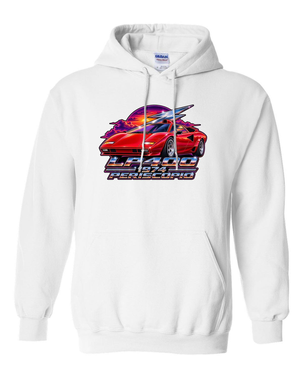 80s airbrush chrome style Lamborghini Countach LP400 with LP400 1974 Periscopio text white pull over hoodie front view with the design