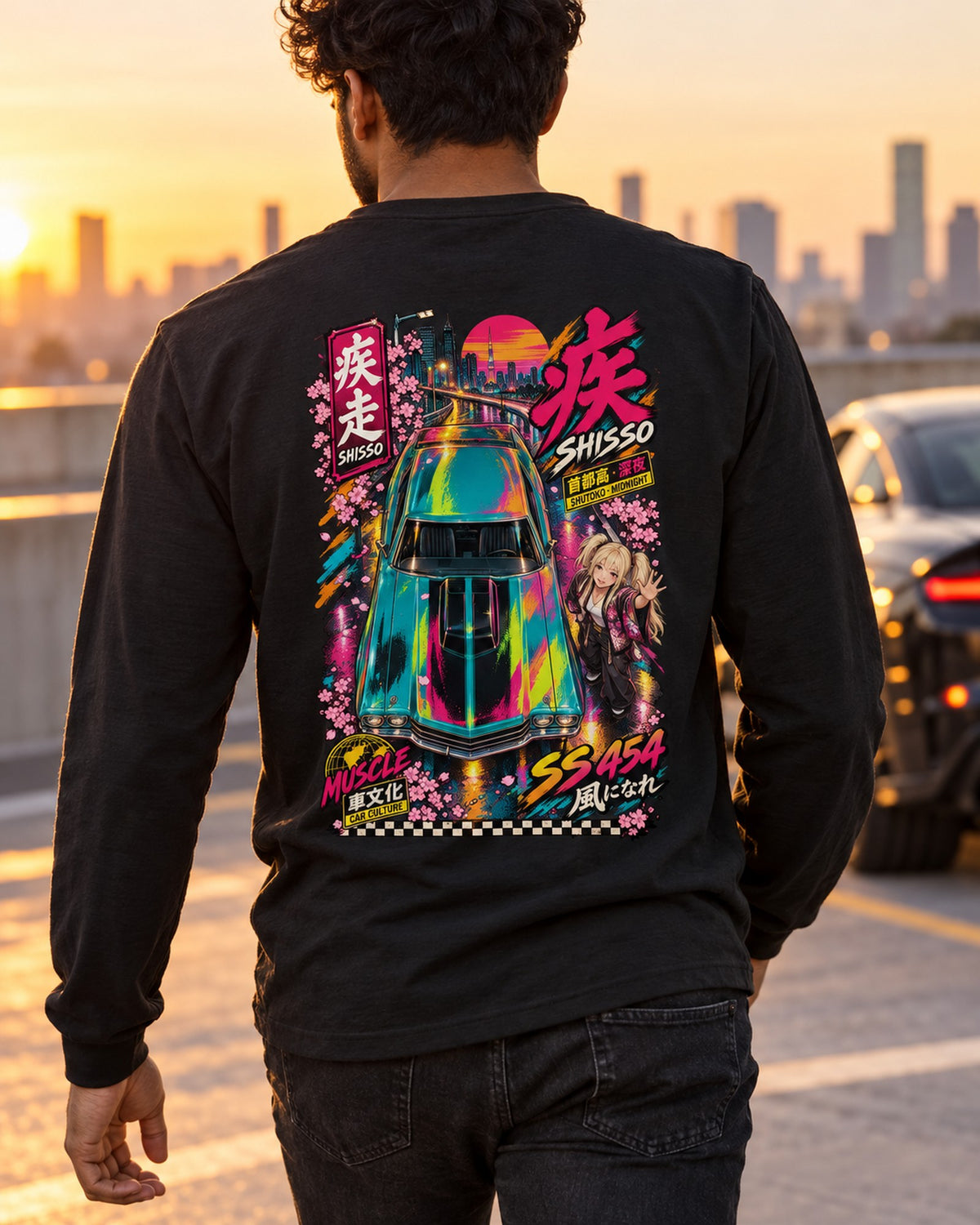 SHISSO SS 454 Anime Girl Full-Back Graphic Tee Long Sleeve Black worn hero