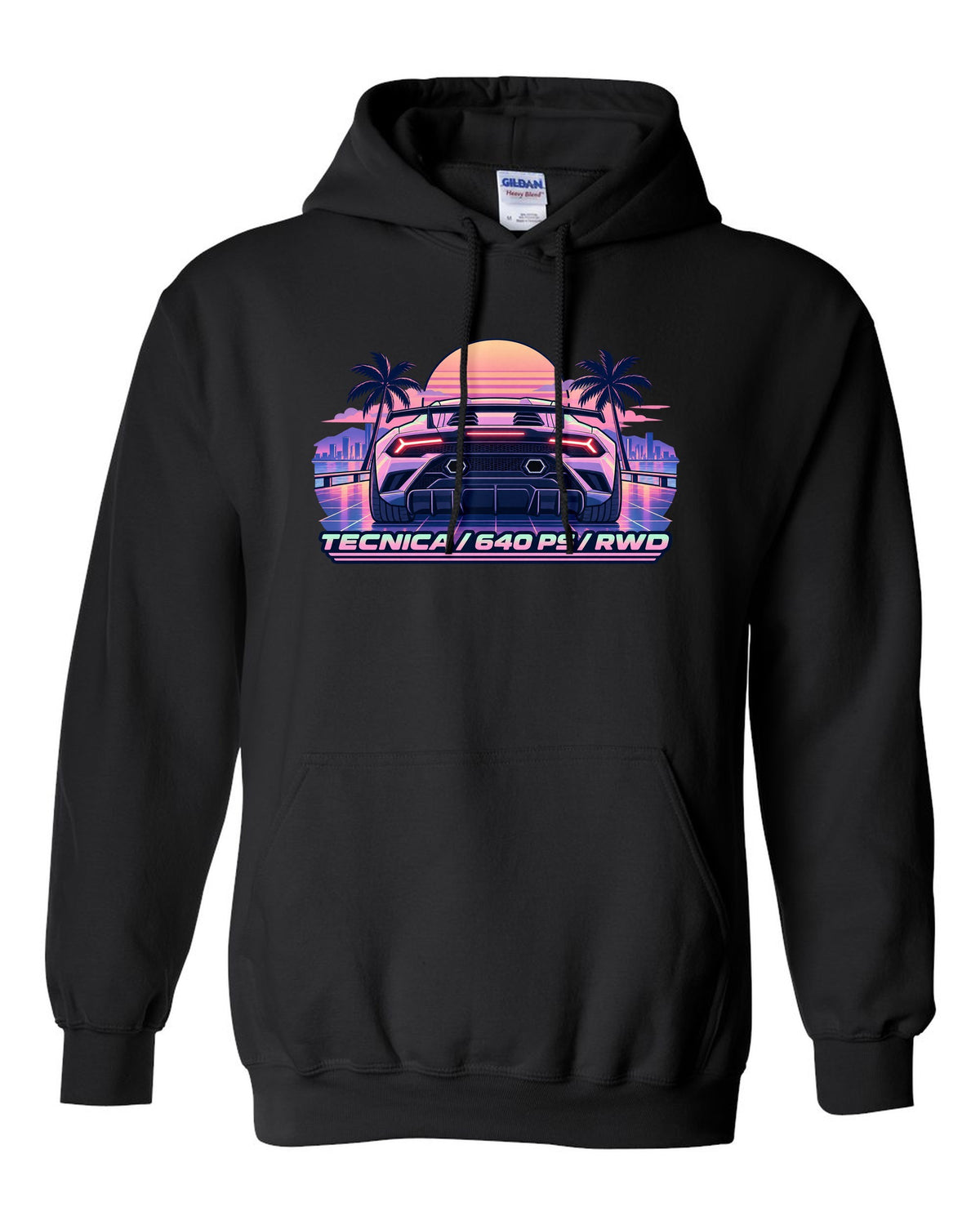 Vaporwave pastel taillight grid of a Lamborghini Huracan Tecnica LP640-2 with text TECNICA / 640 PS / RWD black pull over hoodie front view with the design