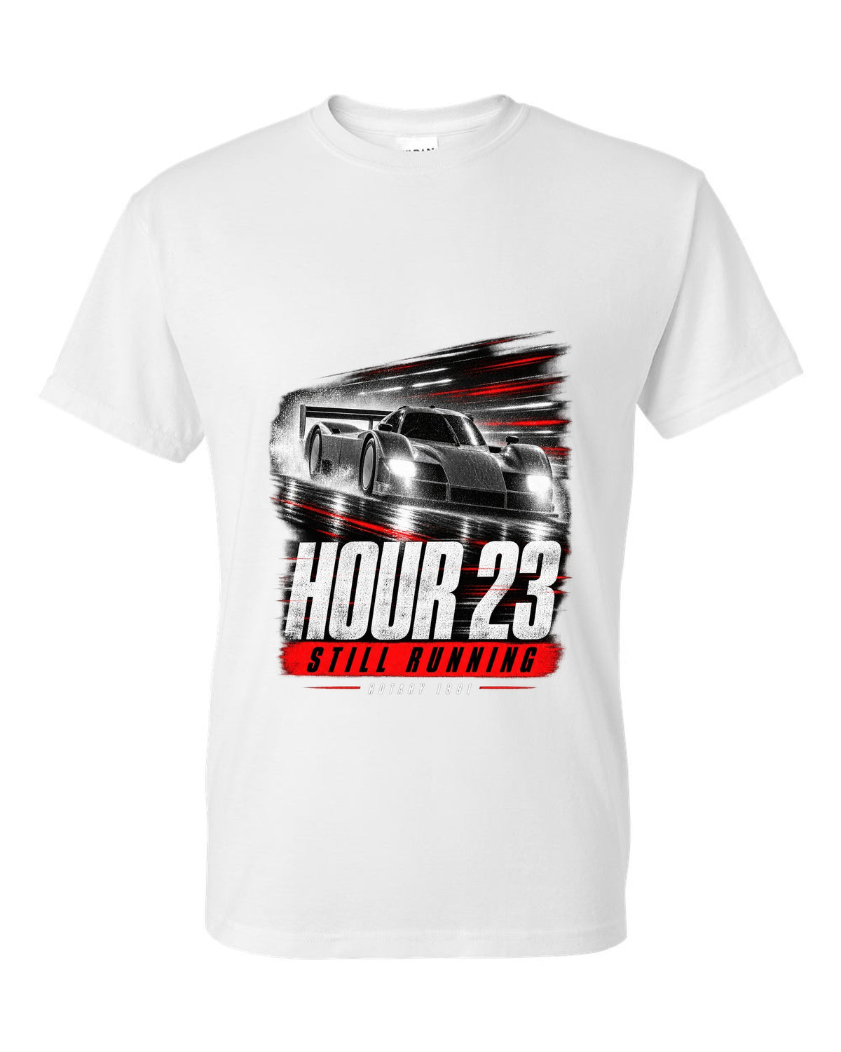 Cropped Mazda 787B race poster reading hour 23 still running rotary 1991 white t-shirt front view with the design