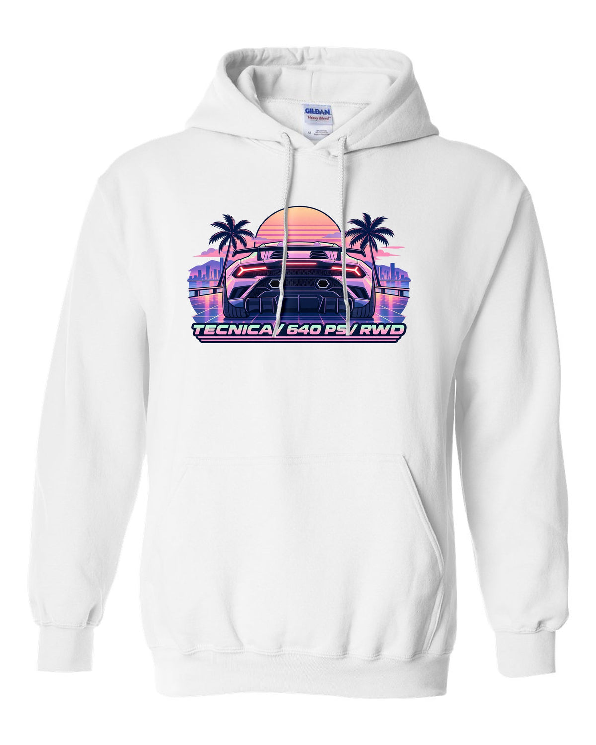 Vaporwave pastel taillight grid of a Lamborghini Huracan Tecnica LP640-2 with text TECNICA / 640 PS / RWD white pull over hoodie front view with the design
