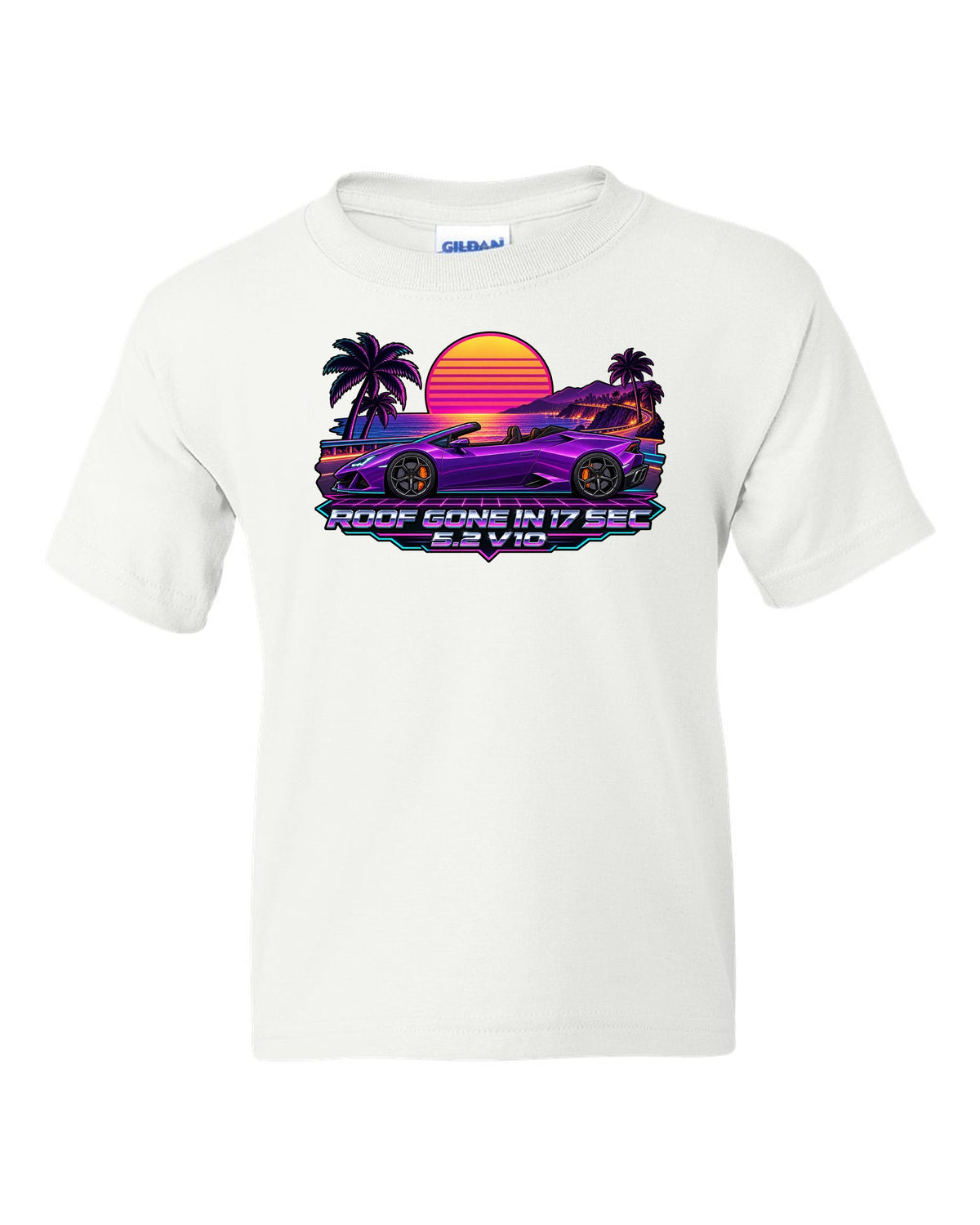 Synthwave outrun sunset grid with a Lamborghini Huracan Spyder LP610-4 and text ROOF GONE IN 17 SEC / 5.2 V10 white kids tee front view with the design