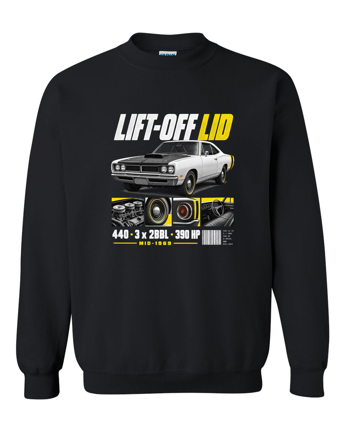 1969 Dodge Coronet Super Bee A12 dossier panel print with lift-off lid and 440 lettering black crewneck front view with the design