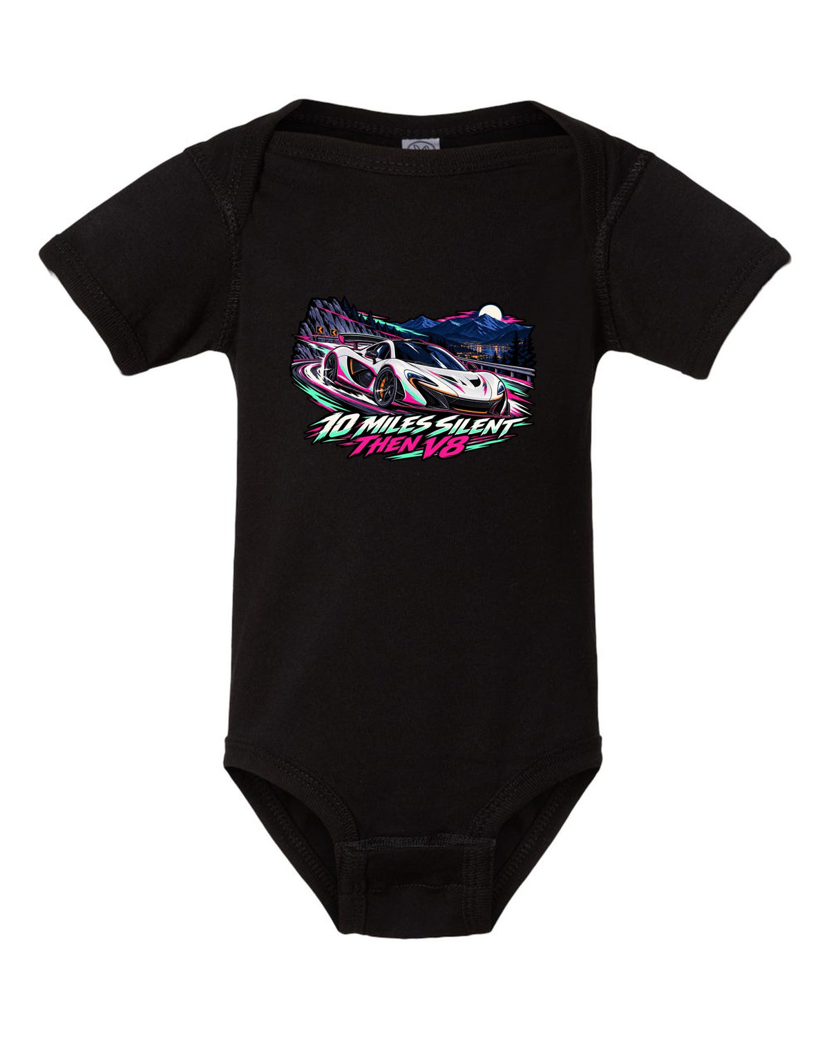 Cel-shaded anime night touge print of a McLaren P1 with 10 Miles Silent Then V8 lettering black baby onesie front view with the design