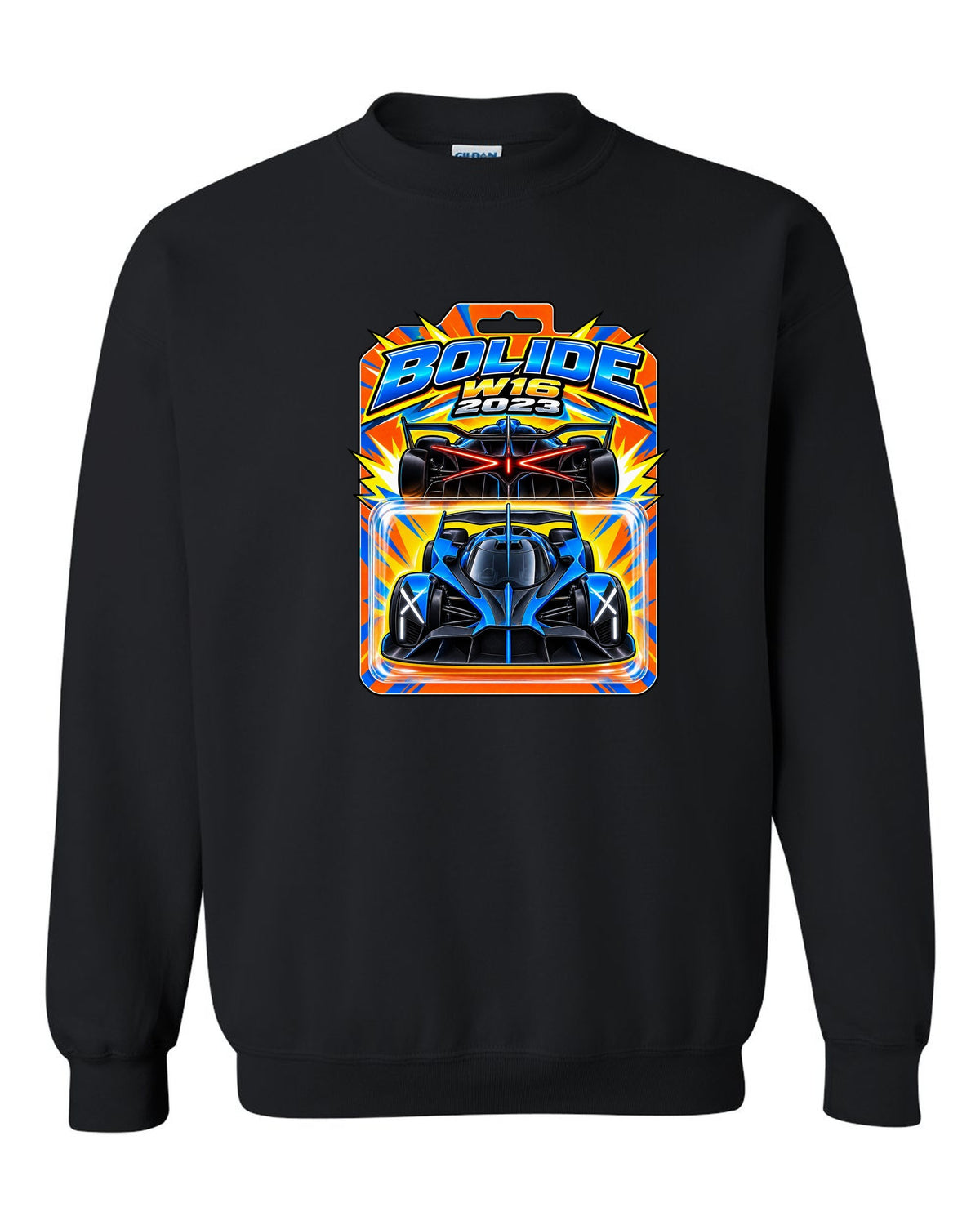 Hot Wheels-style toy blister card illustration of the Bugatti Bolide with BOLIDE W16 2023 lettering black crewneck front view with the design