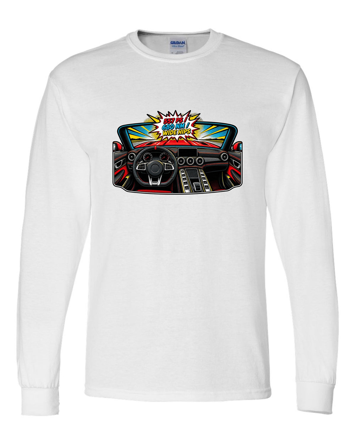 Isometric topographic route map of the Nordschleife with Flugplatz and Schwedenkreuz text for a Mercedes AMG GT C190 white long sleeve front view with the design