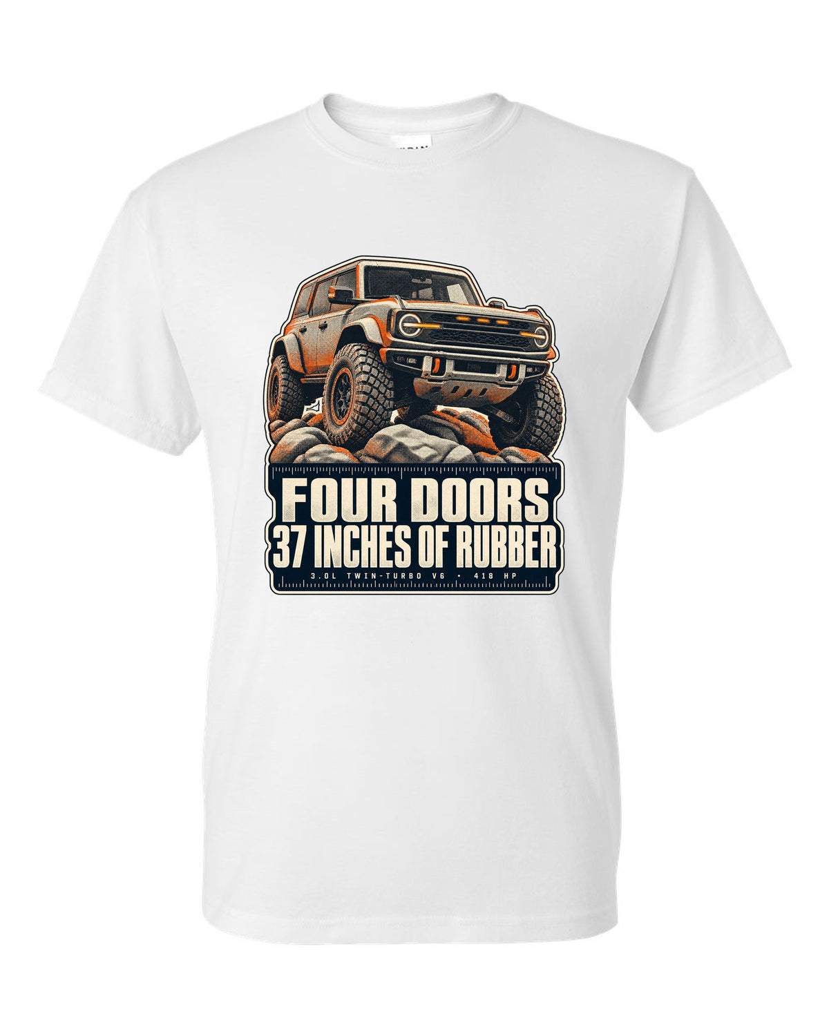 Ford Bronco Raptor halftone print with four doors 37 inches text white t-shirt front view with the design