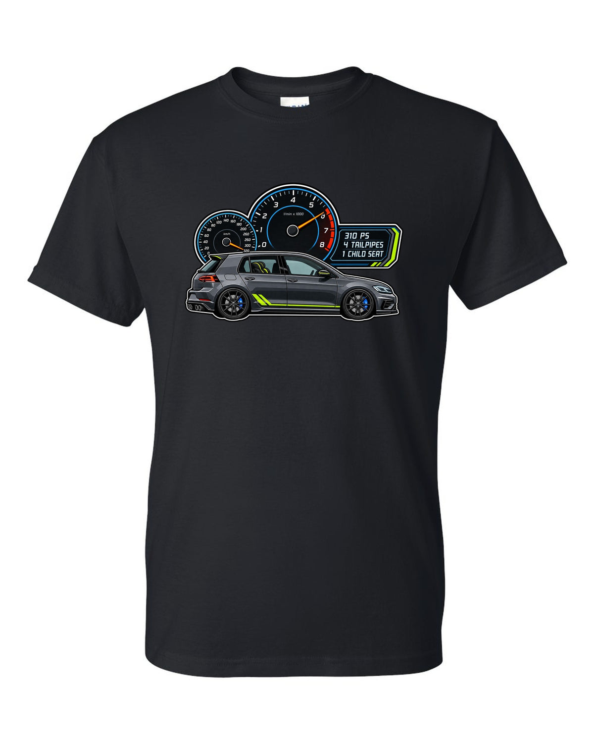 Gauge cluster style print for a VW Golf R Mk7.5 showing 310 PS 4 tailpipes 1 child seat black t-shirt front view with the design