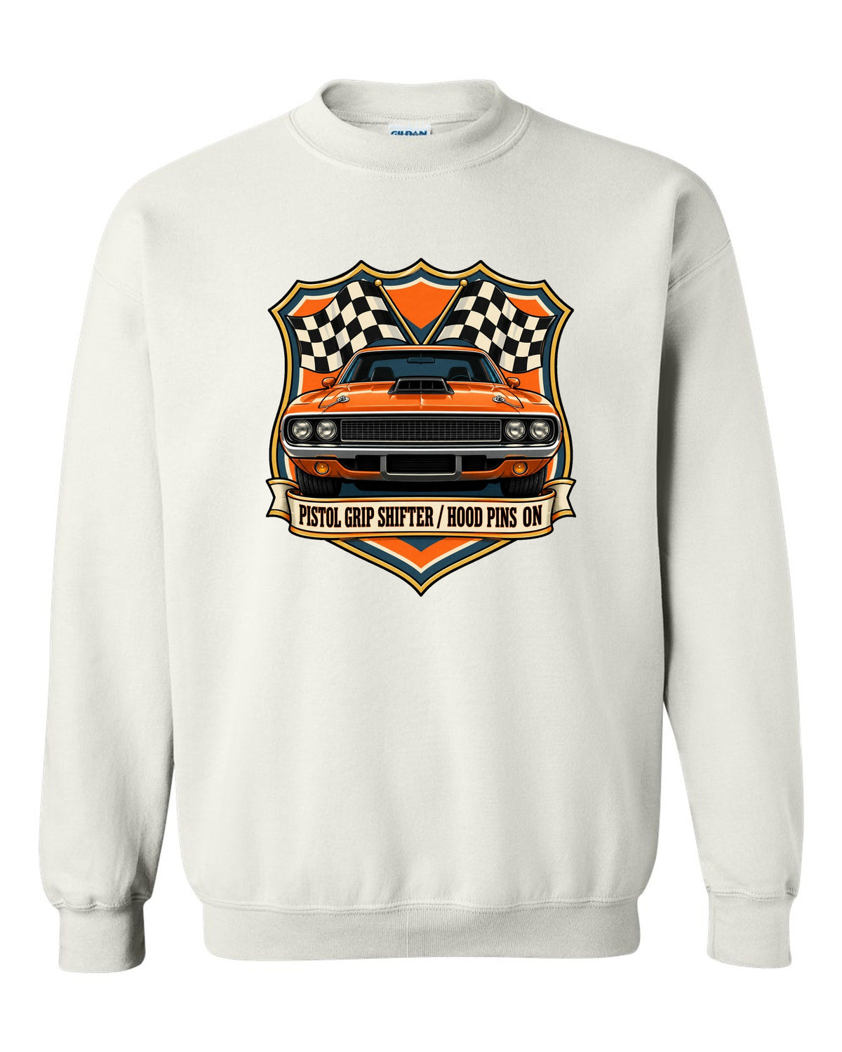 Shield crest design for a 1970 Dodge Challenger R/T E-body with pistol grip shifter caption white crewneck front view with the design