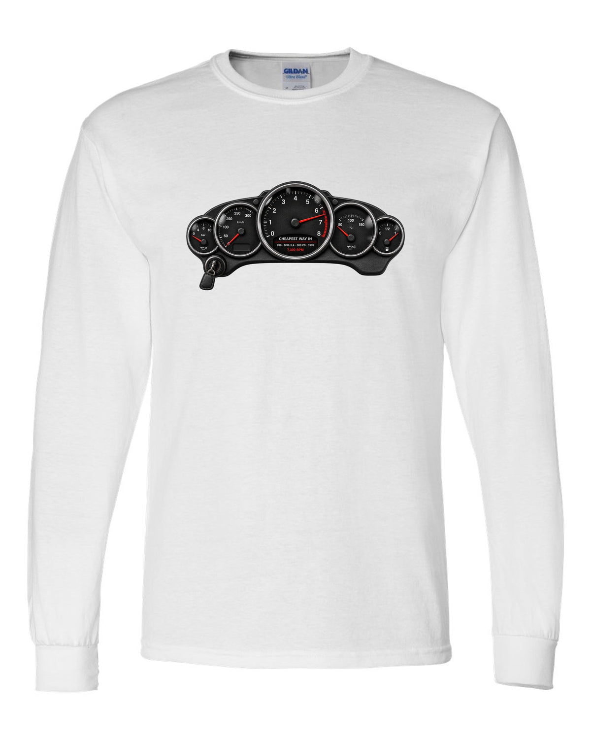 Cockpit gauge print of a Porsche 911 Carrera (996) with the caption Cheapest Way In and 7,300 rpm white long sleeve front view with the design