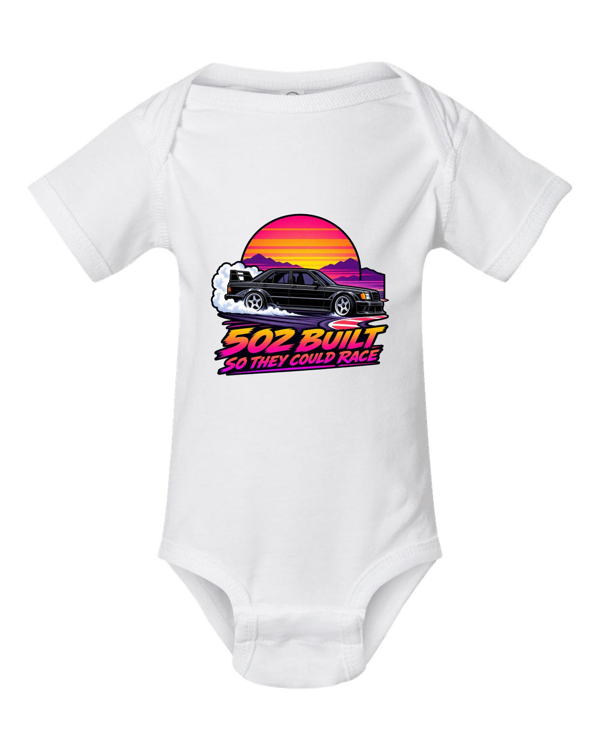 Flat vector eighties sunset gradient print of a Mercedes-Benz 190E Evo II W201 sliding through a chicane white baby onesie front view with the design