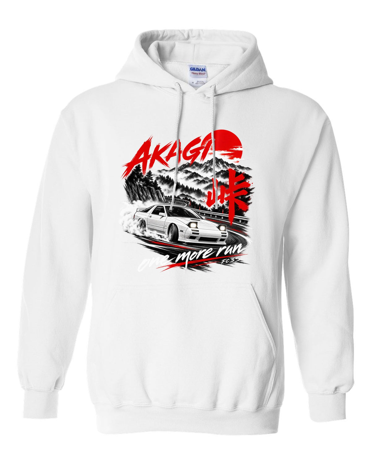 Night print of a Mazda RX-7 FC3S on Akagi with one more run lettering white pull over hoodie front view with the design