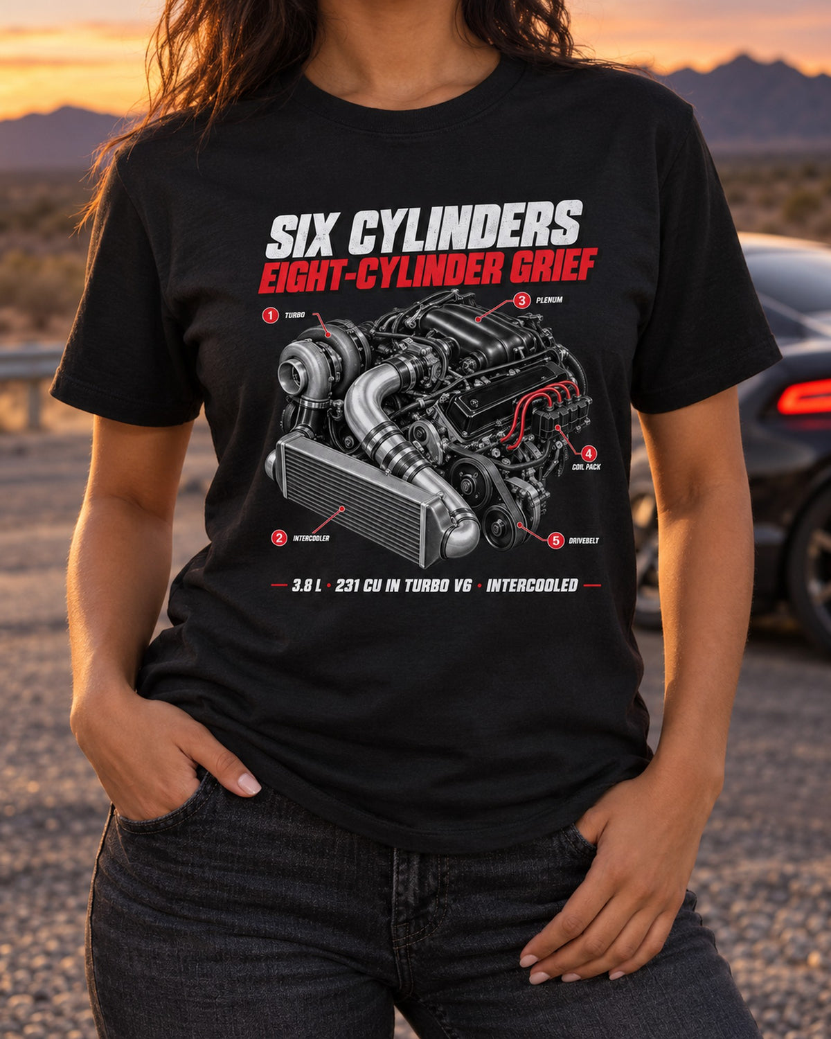 Buick Grand National 3.8 Turbo V6 Engine Callout Graphic Shirt T-Shirt Black worn hero