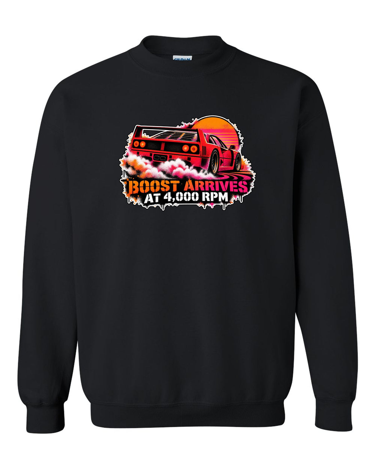 Stencil spray street-art print of a 1987 Ferrari F40 F120 with burnout and boost at 4,000 rpm text black crewneck front view with the design